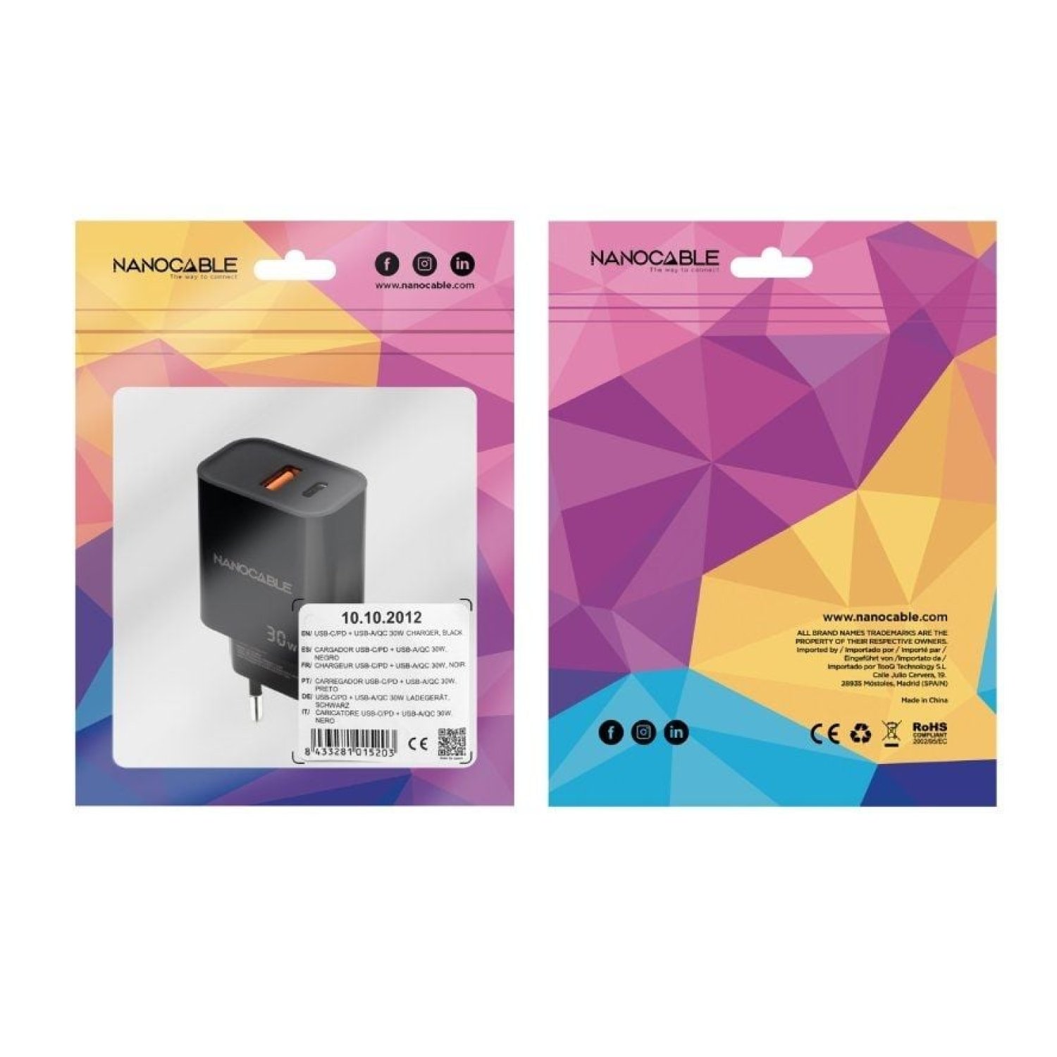 Nanocable · Cargador Pared 30W · 1xUSB + 1xUSB-C · Negro