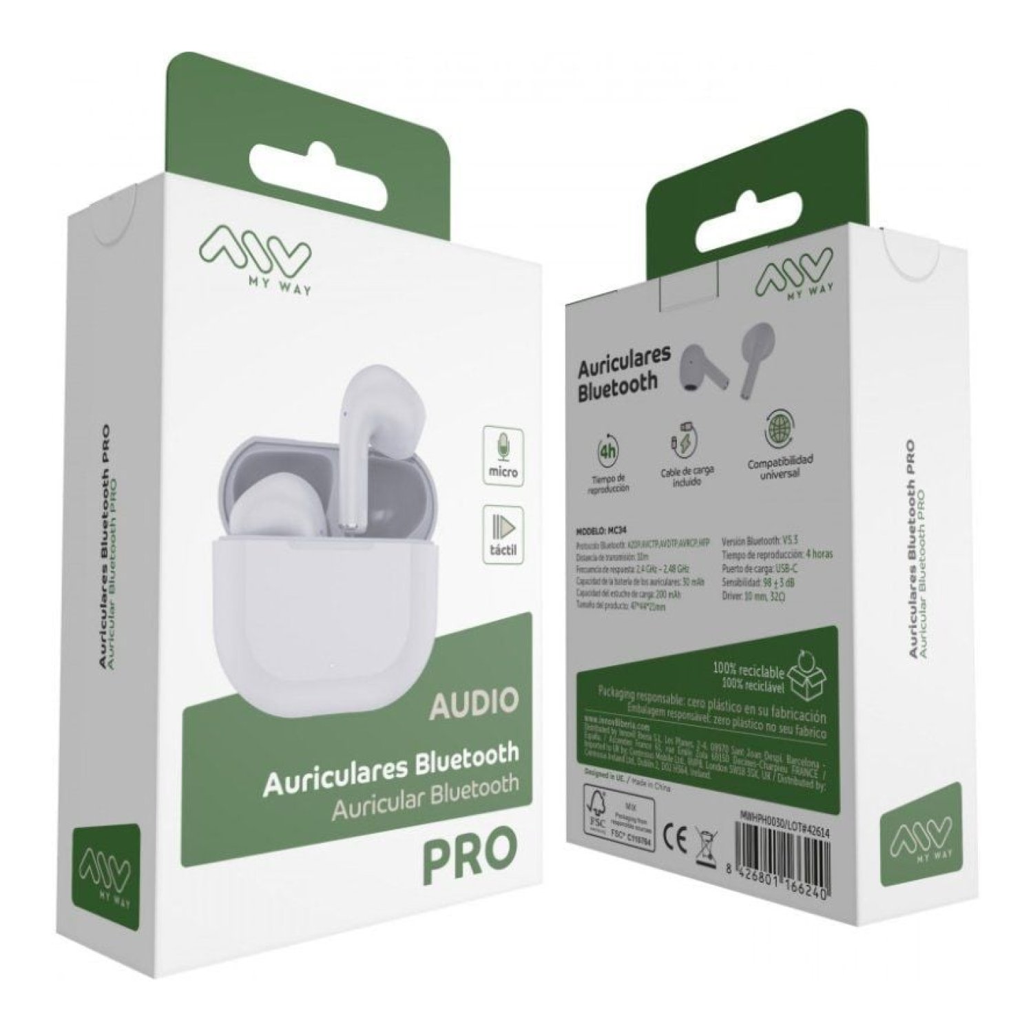 Myway Wireless Touch · Auriculares Bluetooth · Estuche de Carga · 3h Autonomía · Blancos