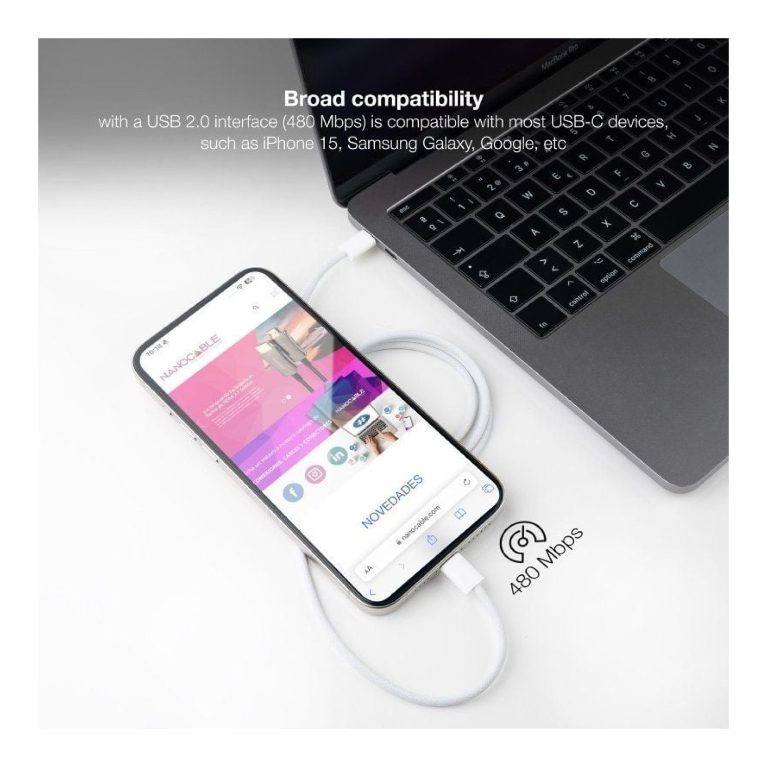 Nanocable · Cable USB-C Macho a Macho · 2m · 60W · 480Mbps · Blanco