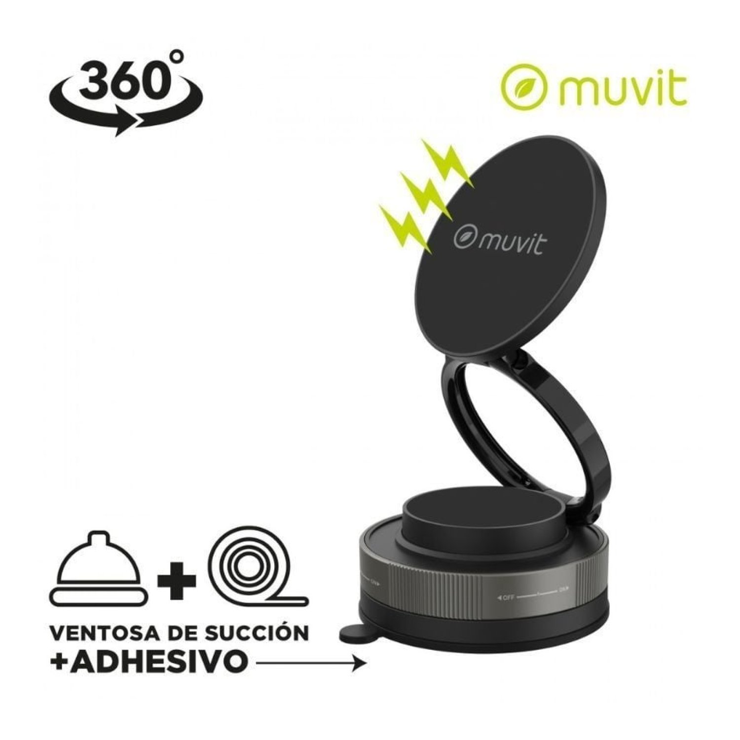 Muvit For Change · Soporte Smartphone Coche · Negro · Ventosa Ajustable