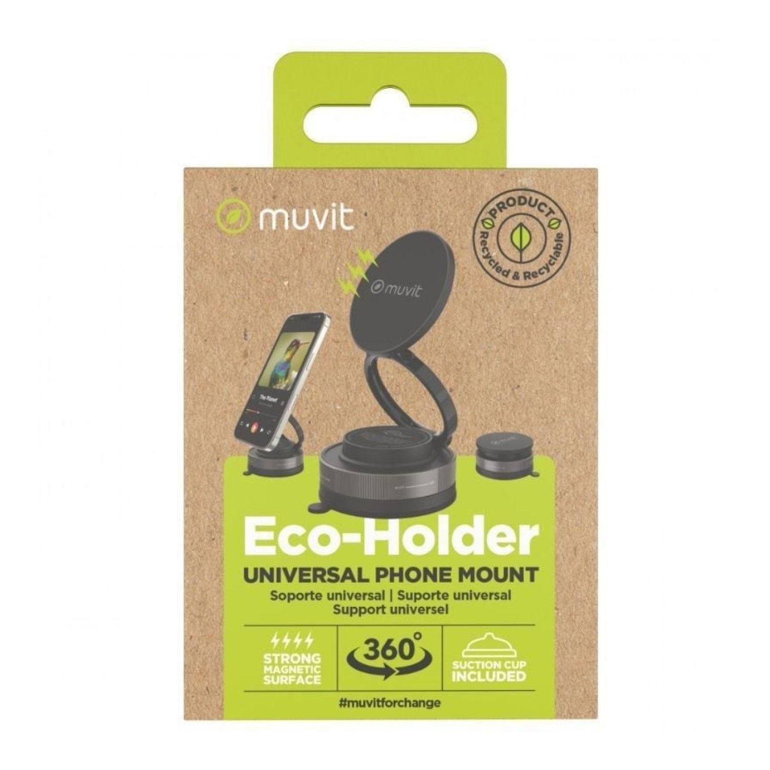 Muvit For Change · Soporte Smartphone Coche · Negro · Ventosa Ajustable