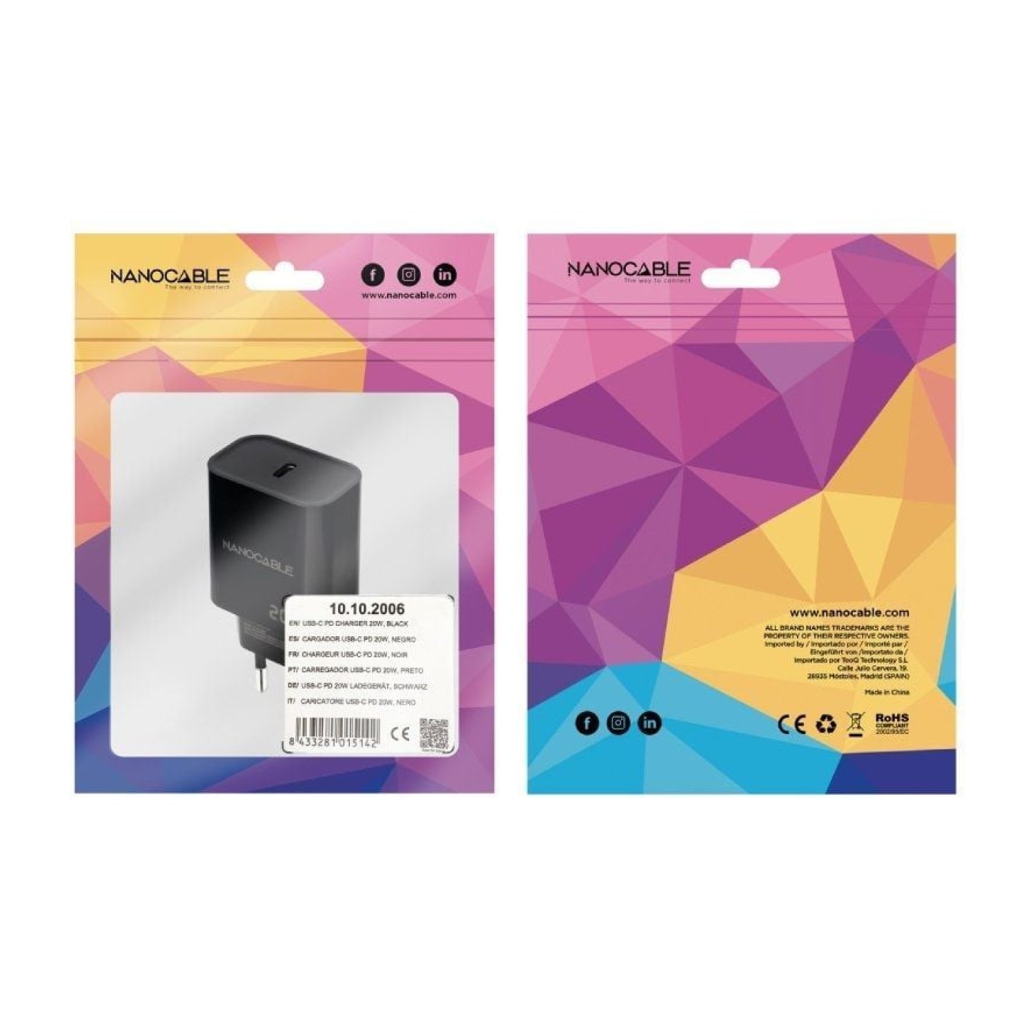 Nanocable Cargador de Pared · 1x USB-C · 20W · Negro