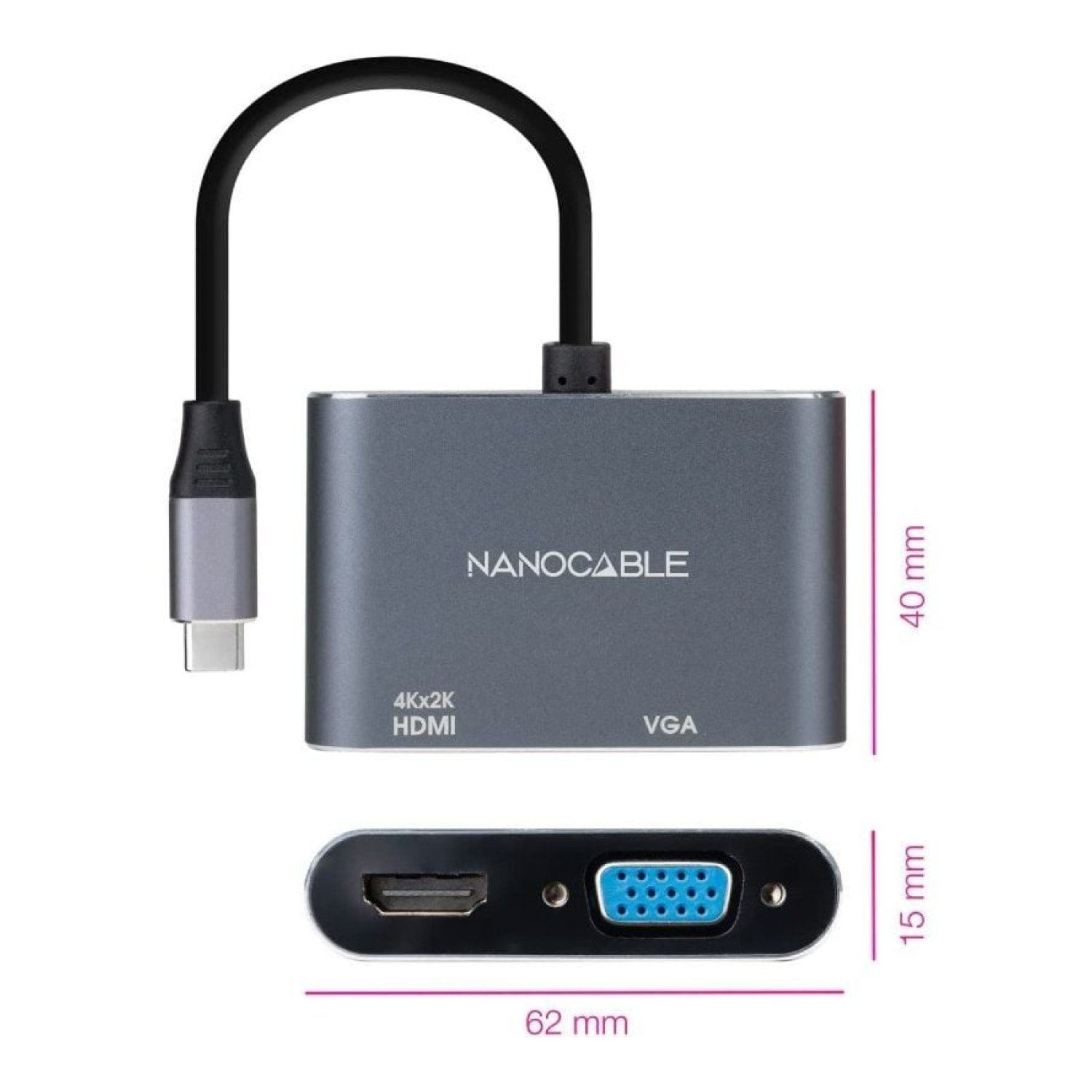 Nanocable · Conversor USB-C a HDMI/VGA · 15cm · Gris