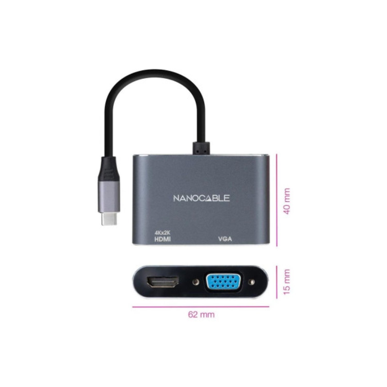Nanocable · Conversor USB-C a HDMI/VGA · 15cm · Gris