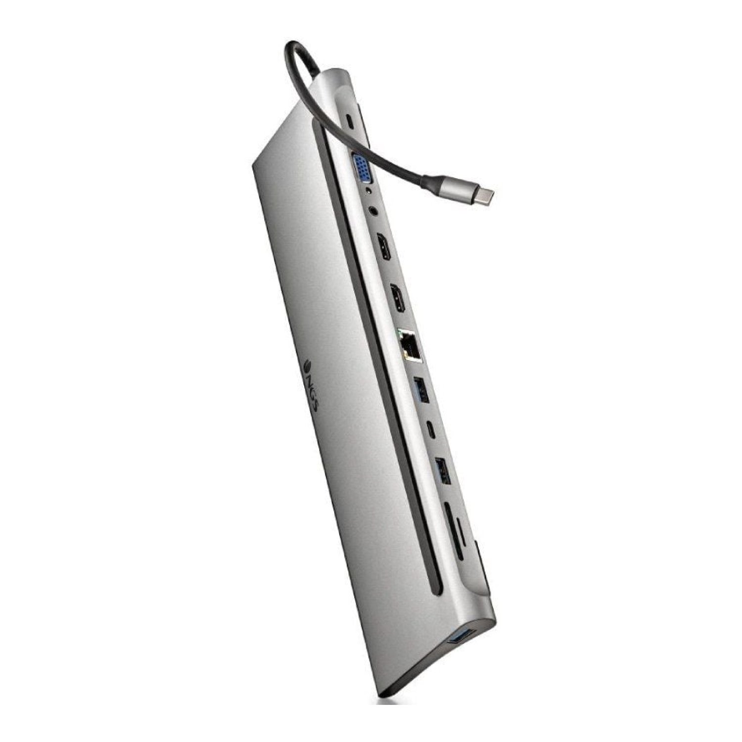 NGS WonderDock12 · Docking USB-C · 3xUSB · 2xHDMI 4K · RJ45 · Lector de Tarjetas · Gris