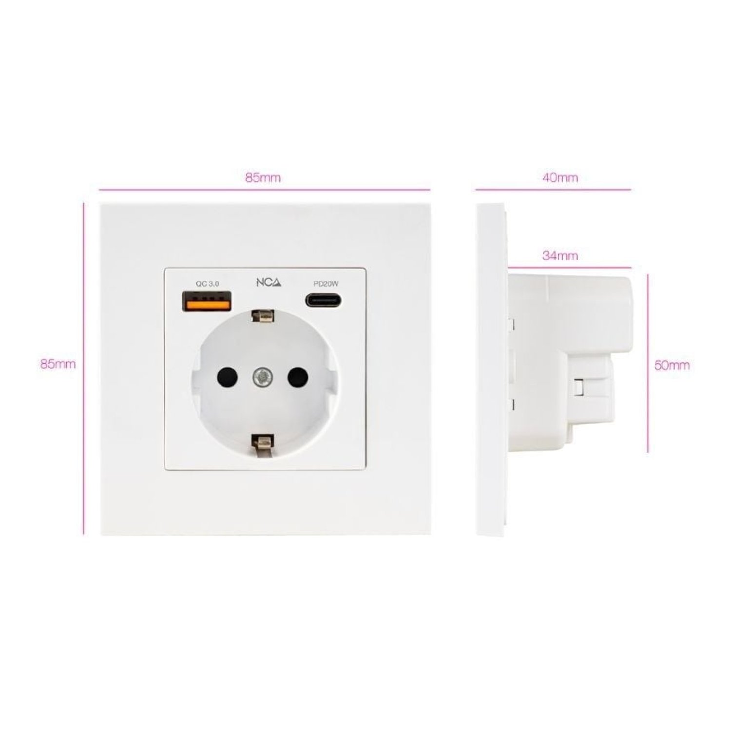 Nanocable · Roseta de Pared · 1 Schuko + 1 USB Tipo-C + 1 USB