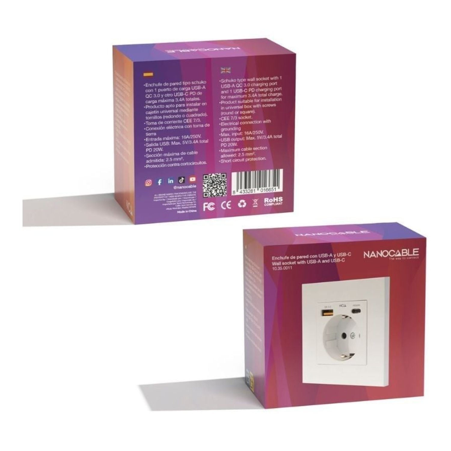 Nanocable · Roseta de Pared · 1 Schuko + 1 USB Tipo-C + 1 USB