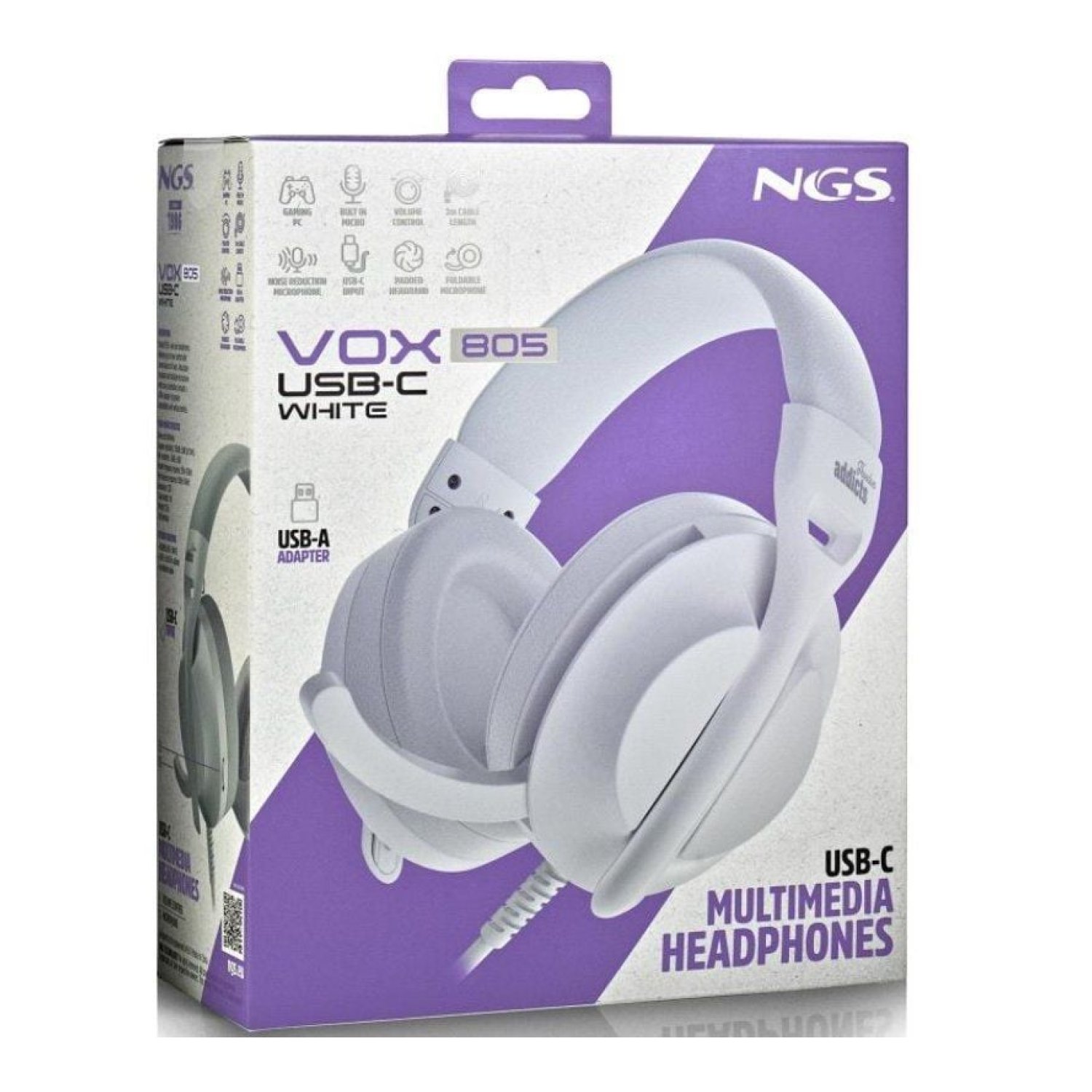 NGS VOX805 · Auriculares USB-C · Micrófono · Blancos