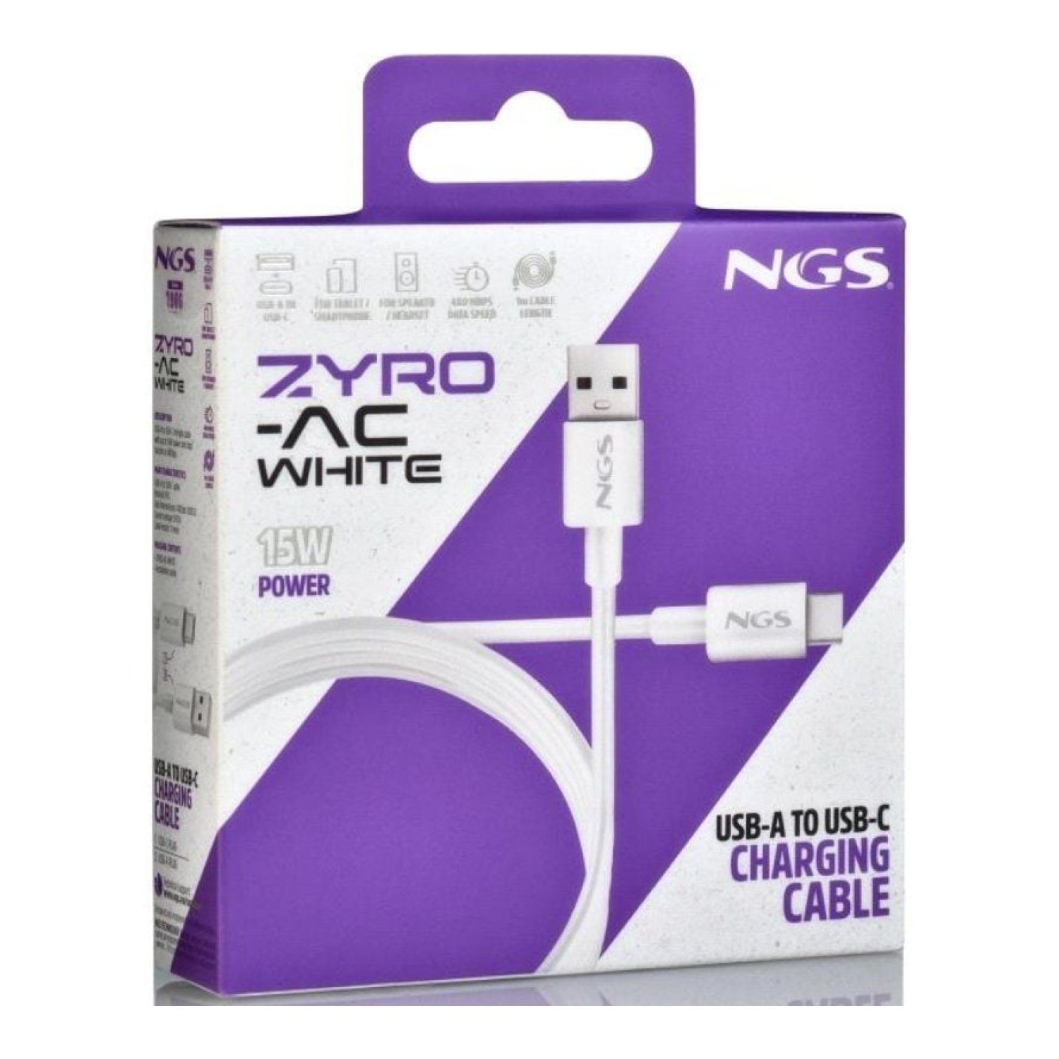 NGS Zyro-AC · Cable USB 2.0 · USB Macho a USB-C · 480Mbps · 1m · Blanco