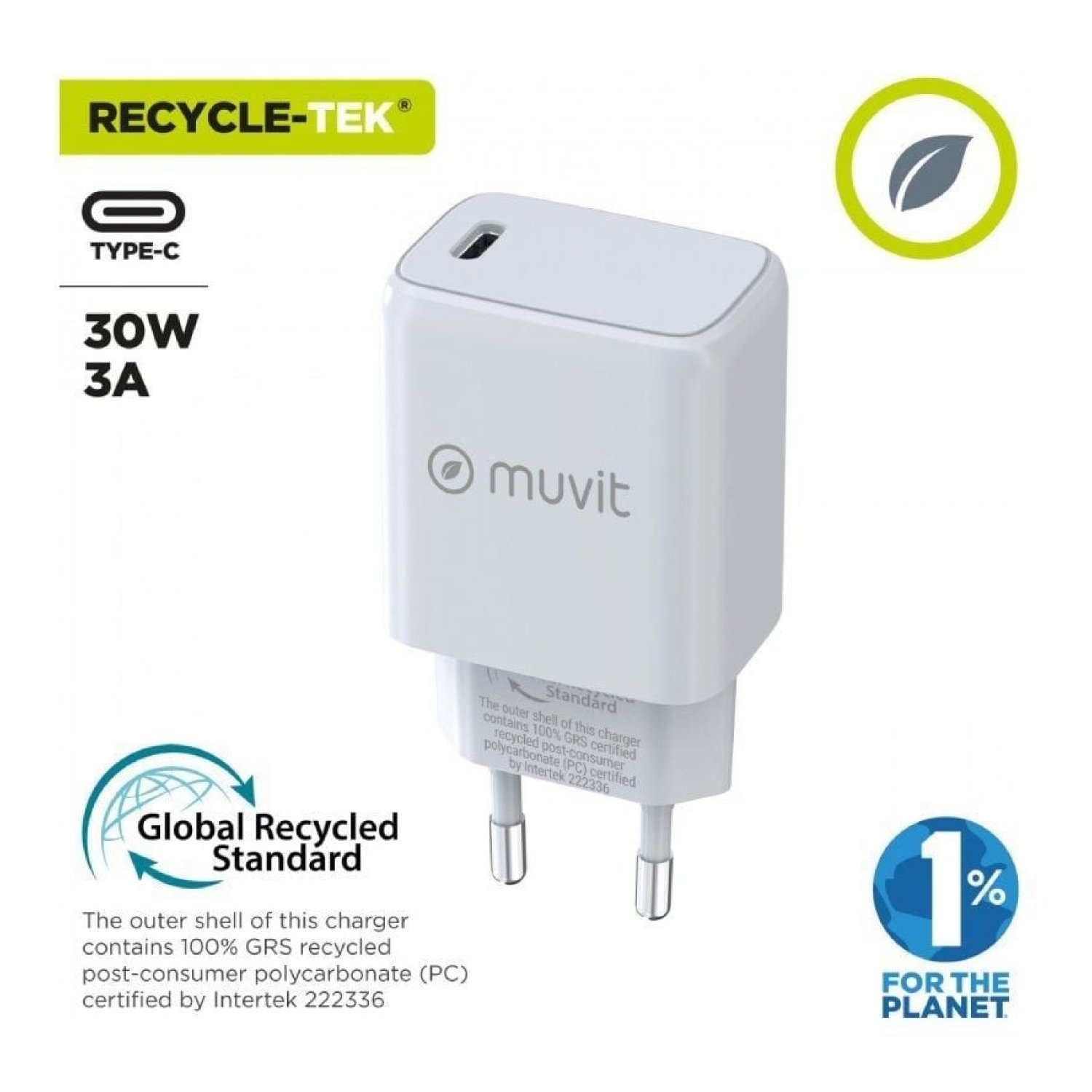 Muvit For Change · Cargador de Pared · 1 USB-C · 30W