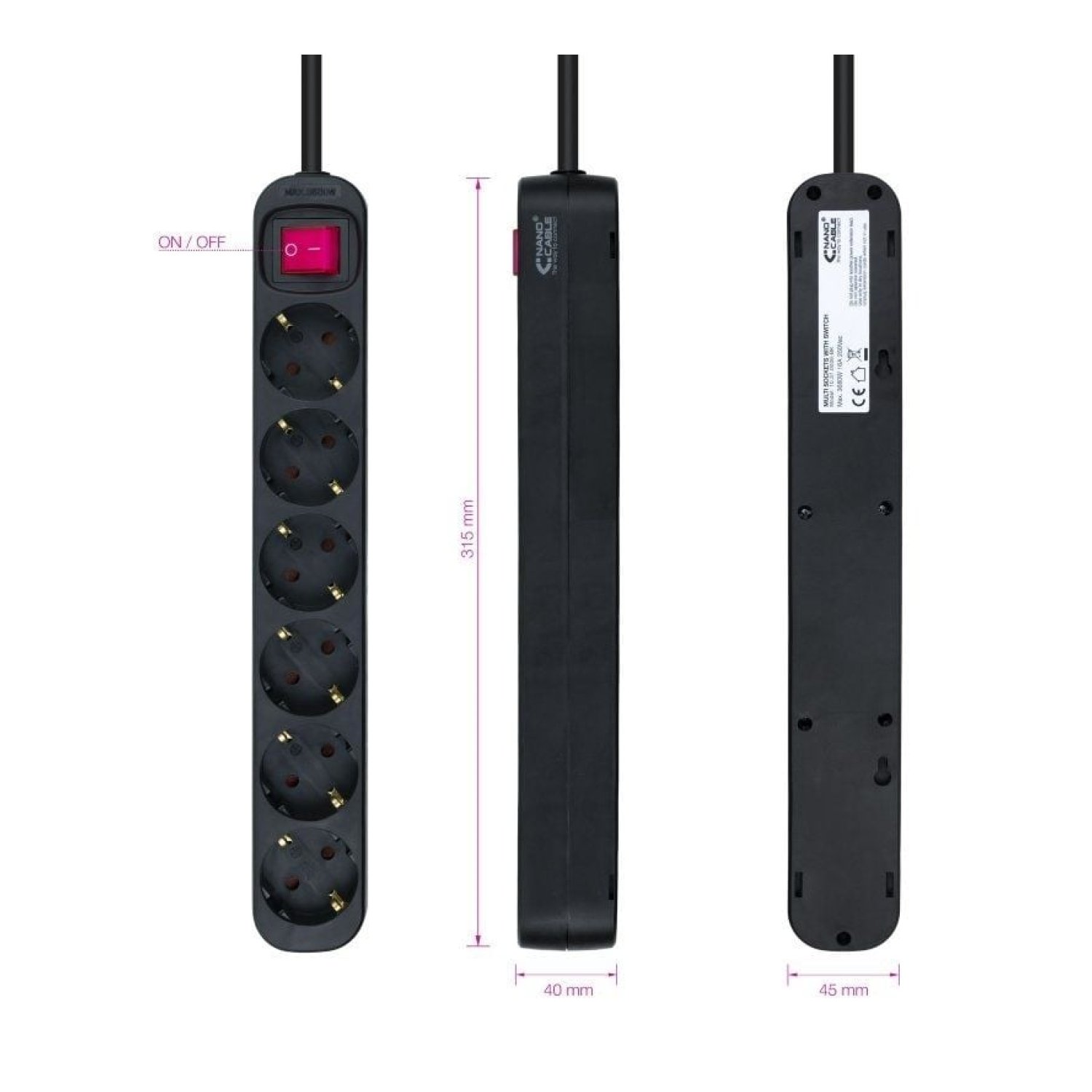 Nanocable · Regleta 6 Tomas · Cable 1,4m · Interruptor · Negro