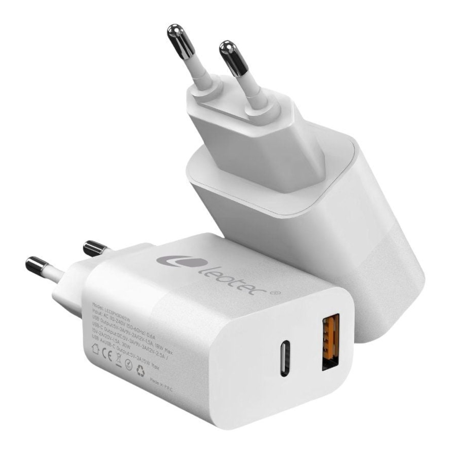 Leotec Cargador GaN · 30W · 1 USB-C + 1 USB · Carga Rápida