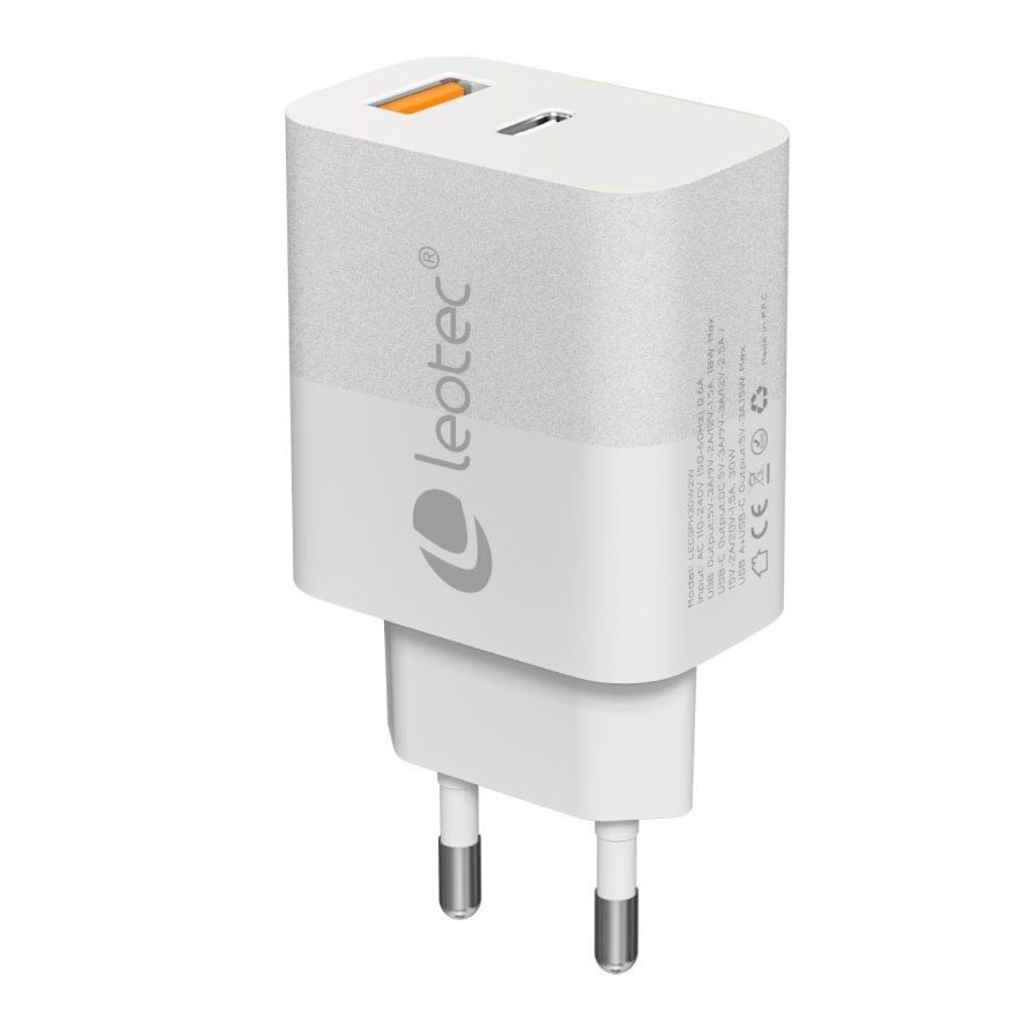 Leotec Cargador GaN · 30W · 1 USB-C + 1 USB · Carga Rápida