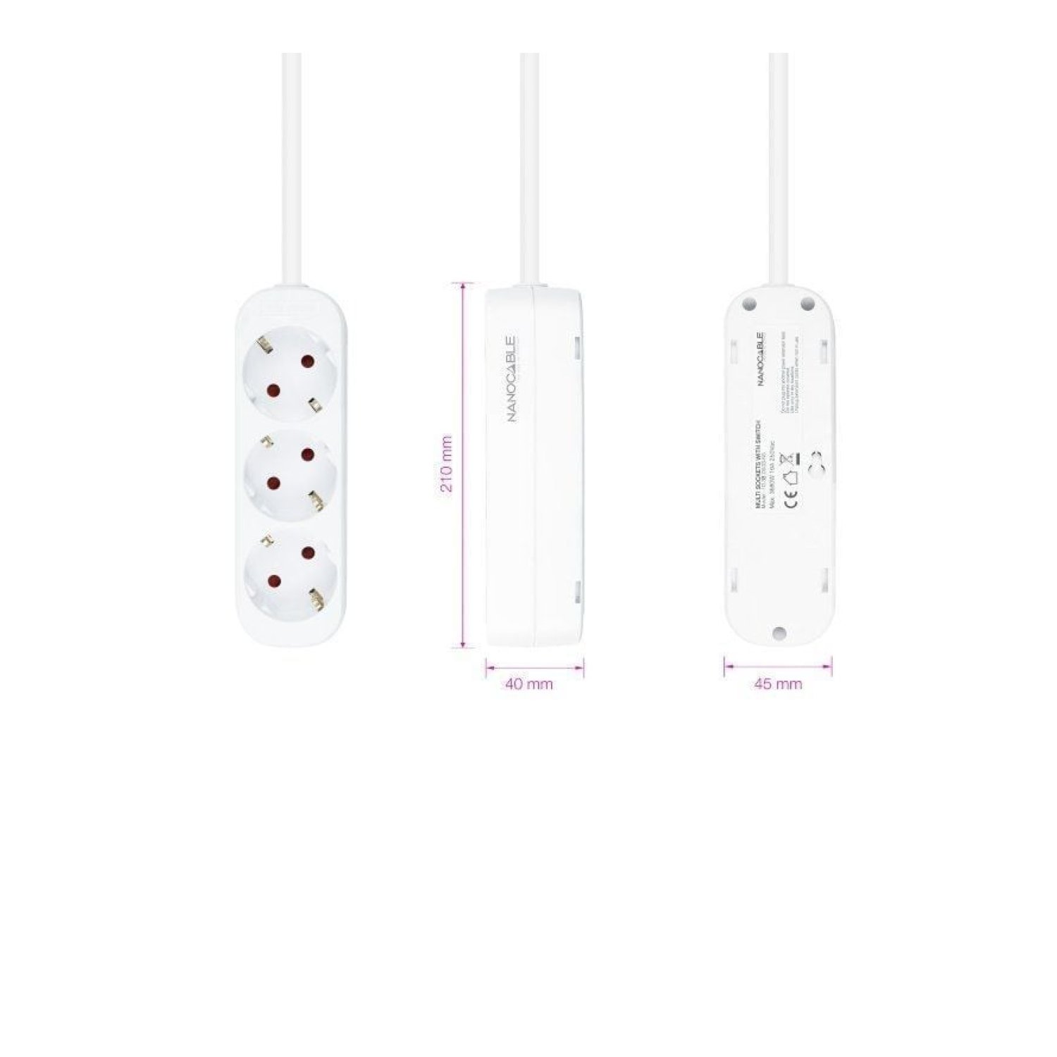 Nanocable Regleta · 3 Tomas · Cable 1,4m · Blanca