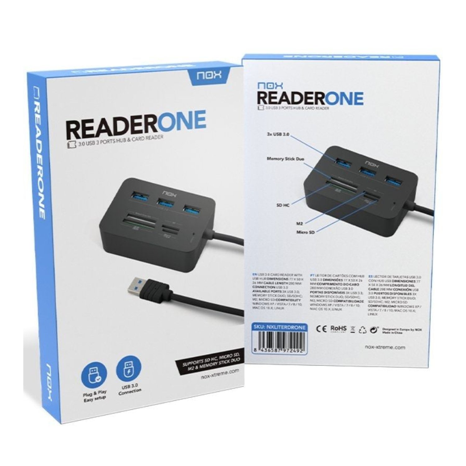 Nox Reader One · Hub USB 3.0 · 3 Puertos USB · Lector de Tarjetas