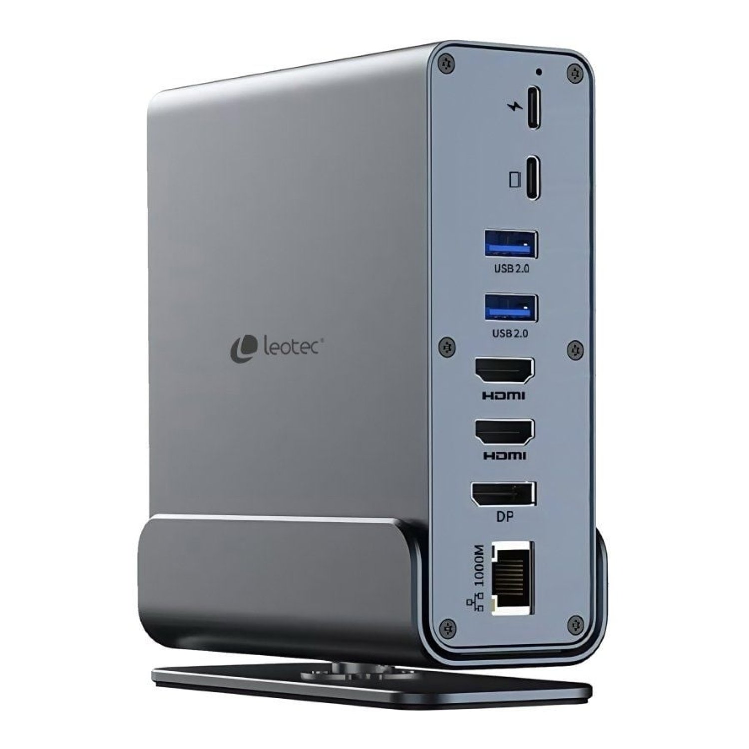 Leotec Docking USB-C · 5xUSB + 2xUSB-C + DisplayPort · 2xHDMI 4K · RJ45 · Lector Tarjetas