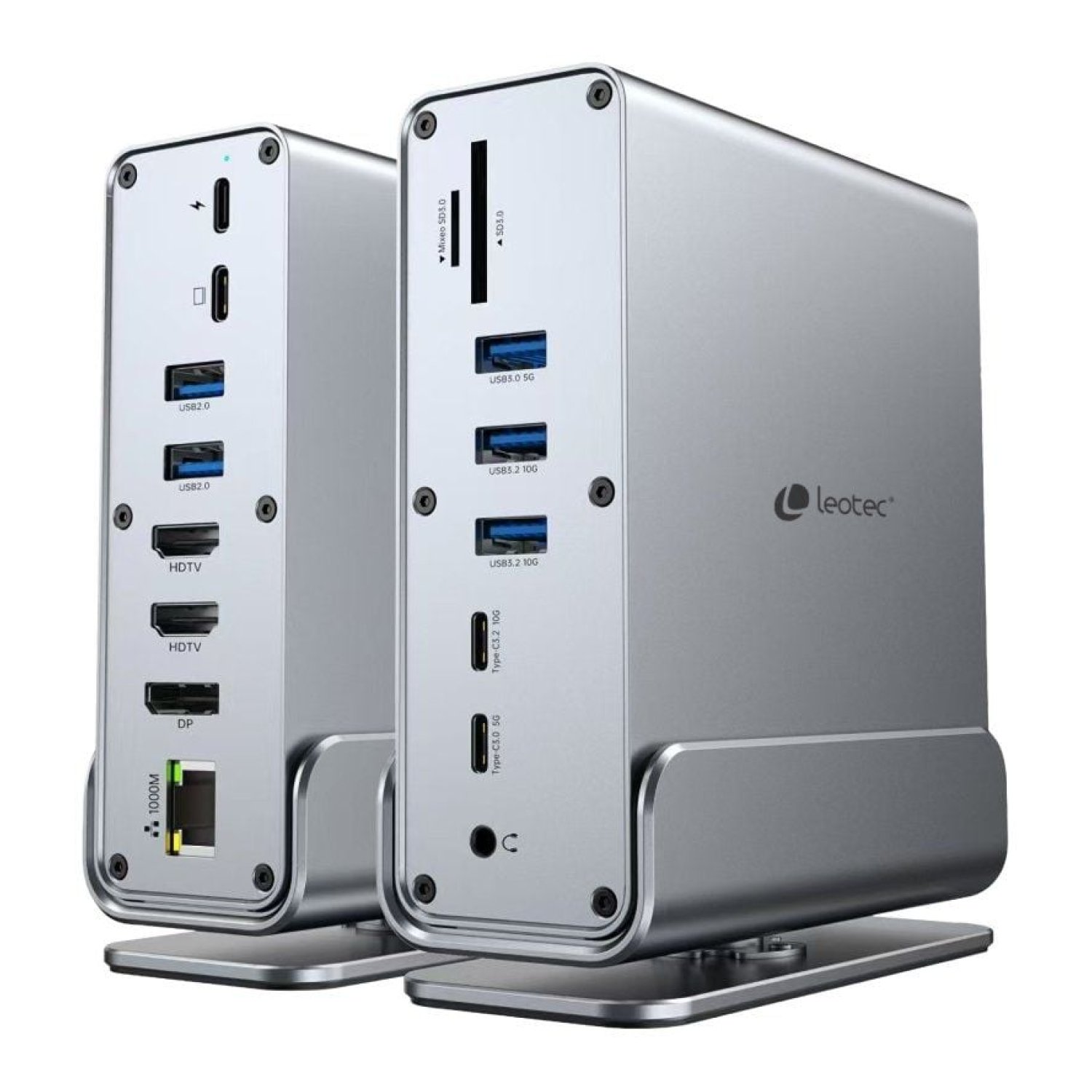 Leotec Docking USB-C · 5xUSB + 2xUSB-C + DisplayPort · 2xHDMI 4K · RJ45 · Lector Tarjetas