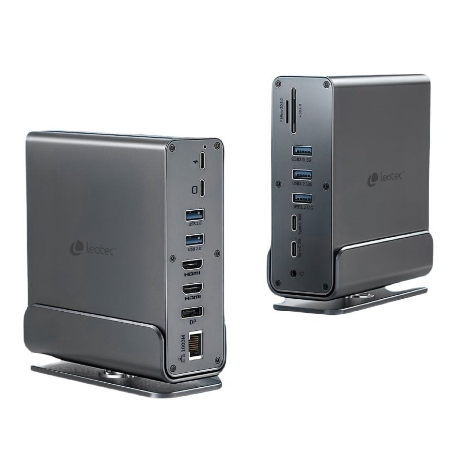 Leotec Docking USB-C · 5xUSB + 2xUSB-C + DisplayPort · 2xHDMI 4K · RJ45 · Lector Tarjetas