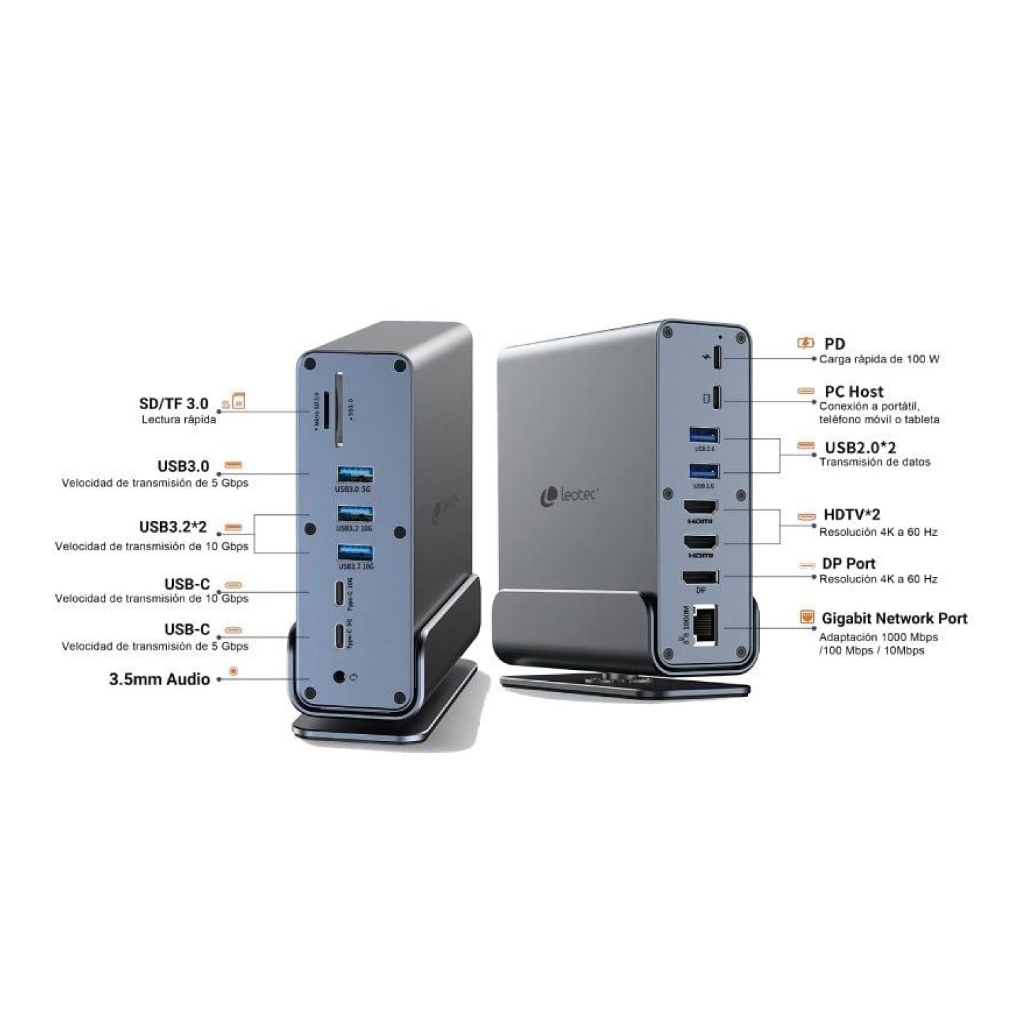 Leotec Docking USB-C · 5xUSB + 2xUSB-C + DisplayPort · 2xHDMI 4K · RJ45 · Lector Tarjetas
