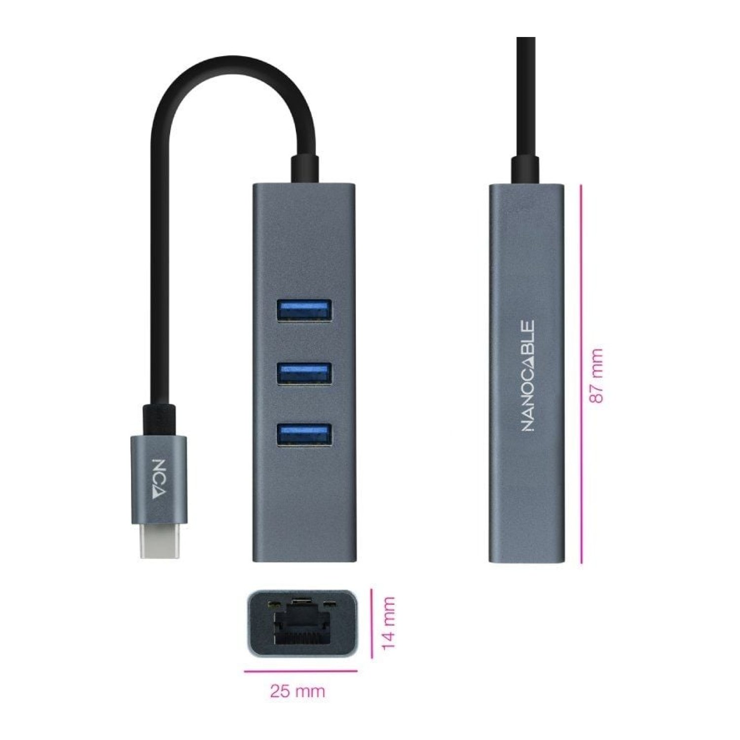Nanocable Hub USB Tipo-C · 3xUSB · 1xRJ45 · Gris