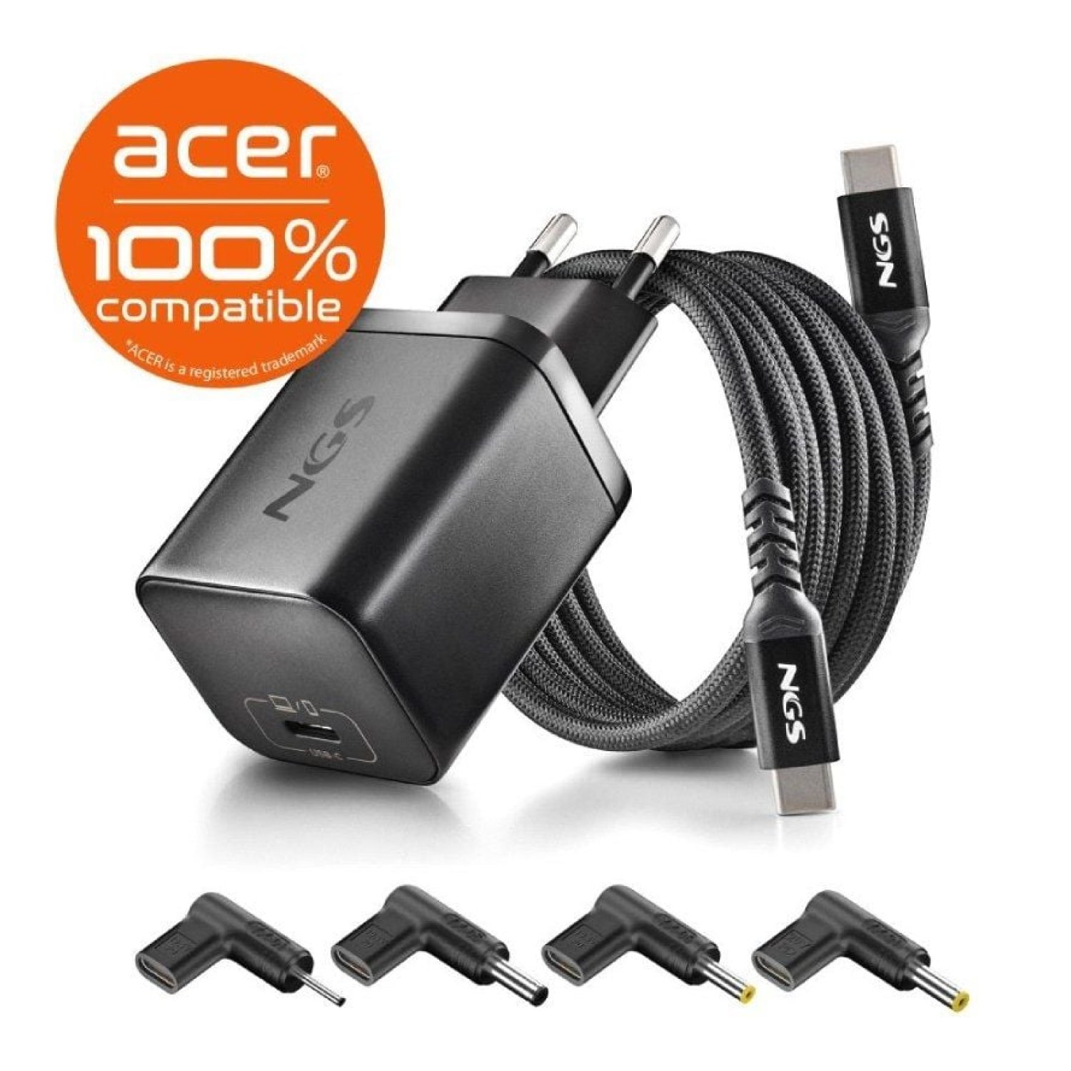 NGS BUD65W-AC · Cargador GaN 65W · USB-C · 5-20V · 4 Conectores
