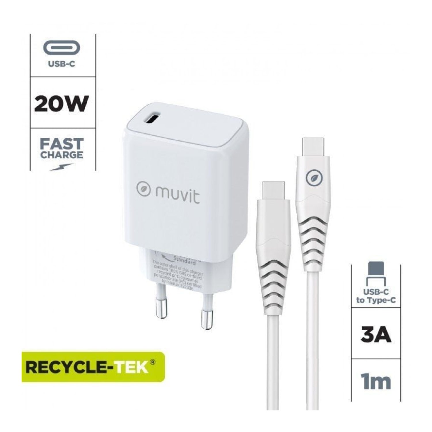 Cargador de Pared Muvit For Change MCPAK0044/ 1xUSB Tipo-C + Cable USB Tipo-C/ 20W