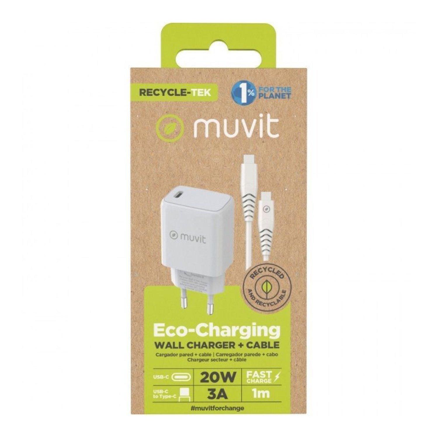 Cargador de Pared Muvit For Change MCPAK0044/ 1xUSB Tipo-C + Cable USB Tipo-C/ 20W