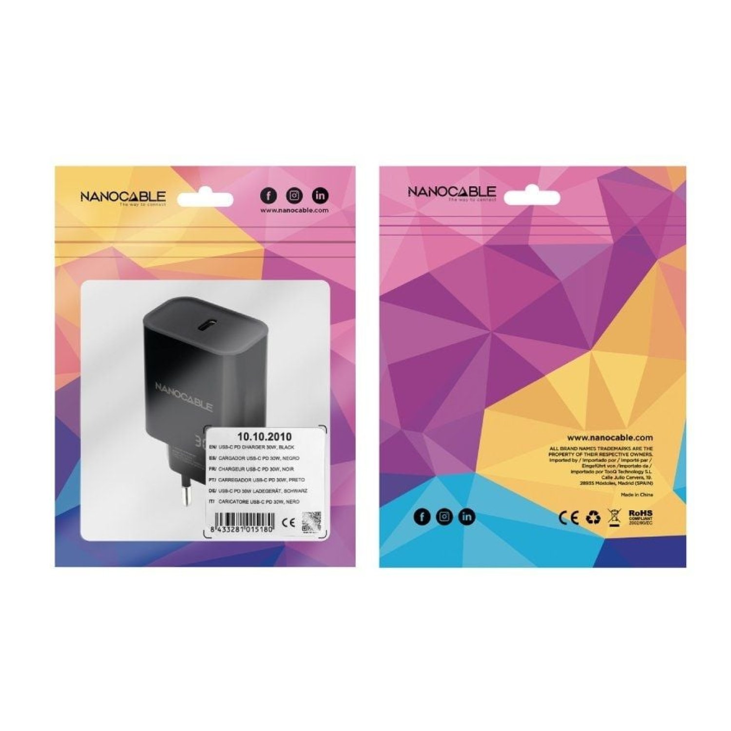 Nanocable Cargador de Pared · 1x USB Tipo-C · 30W · Negro