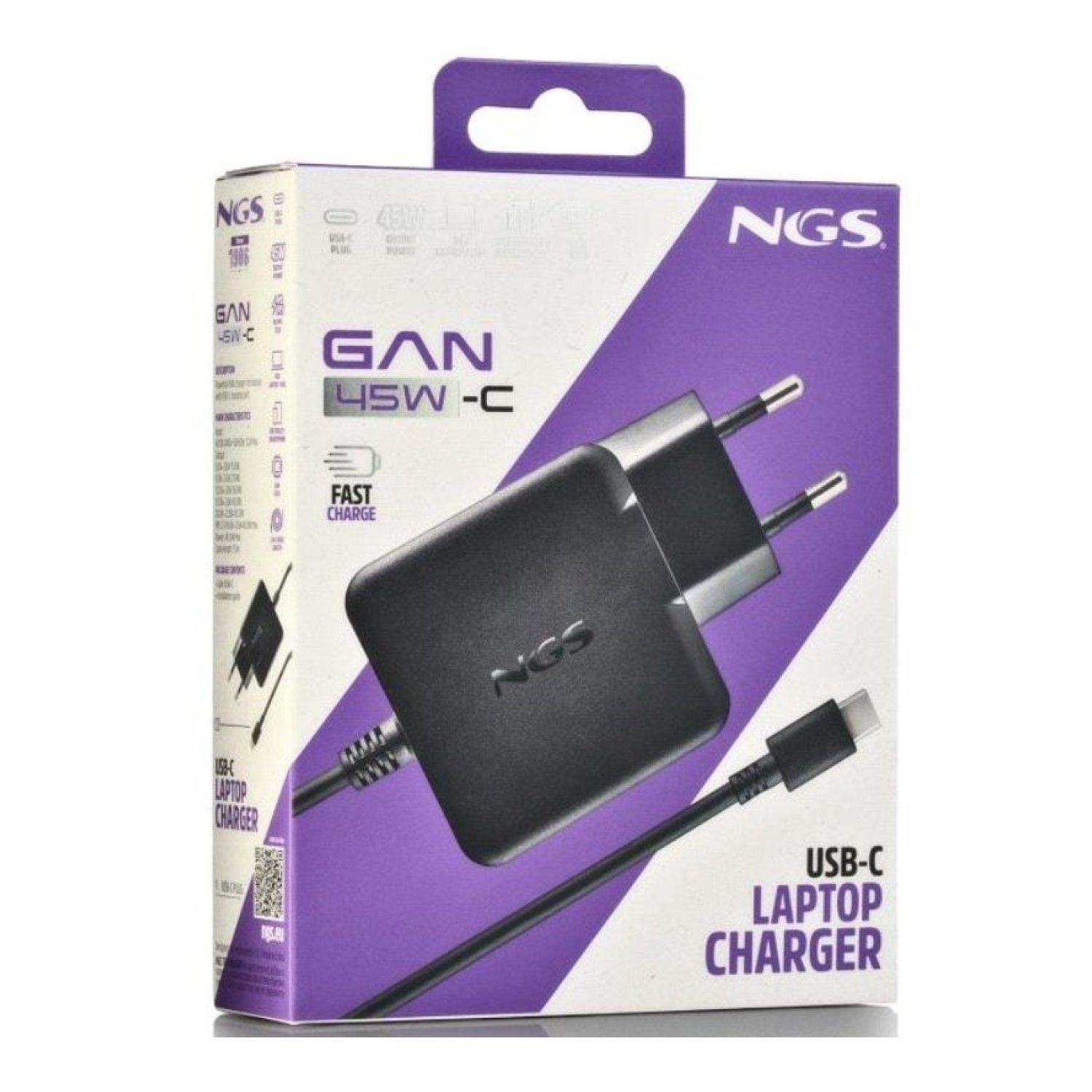 NGS Cargador GAN 45W · USB-C · Carga Rápida · 5-20V Automático