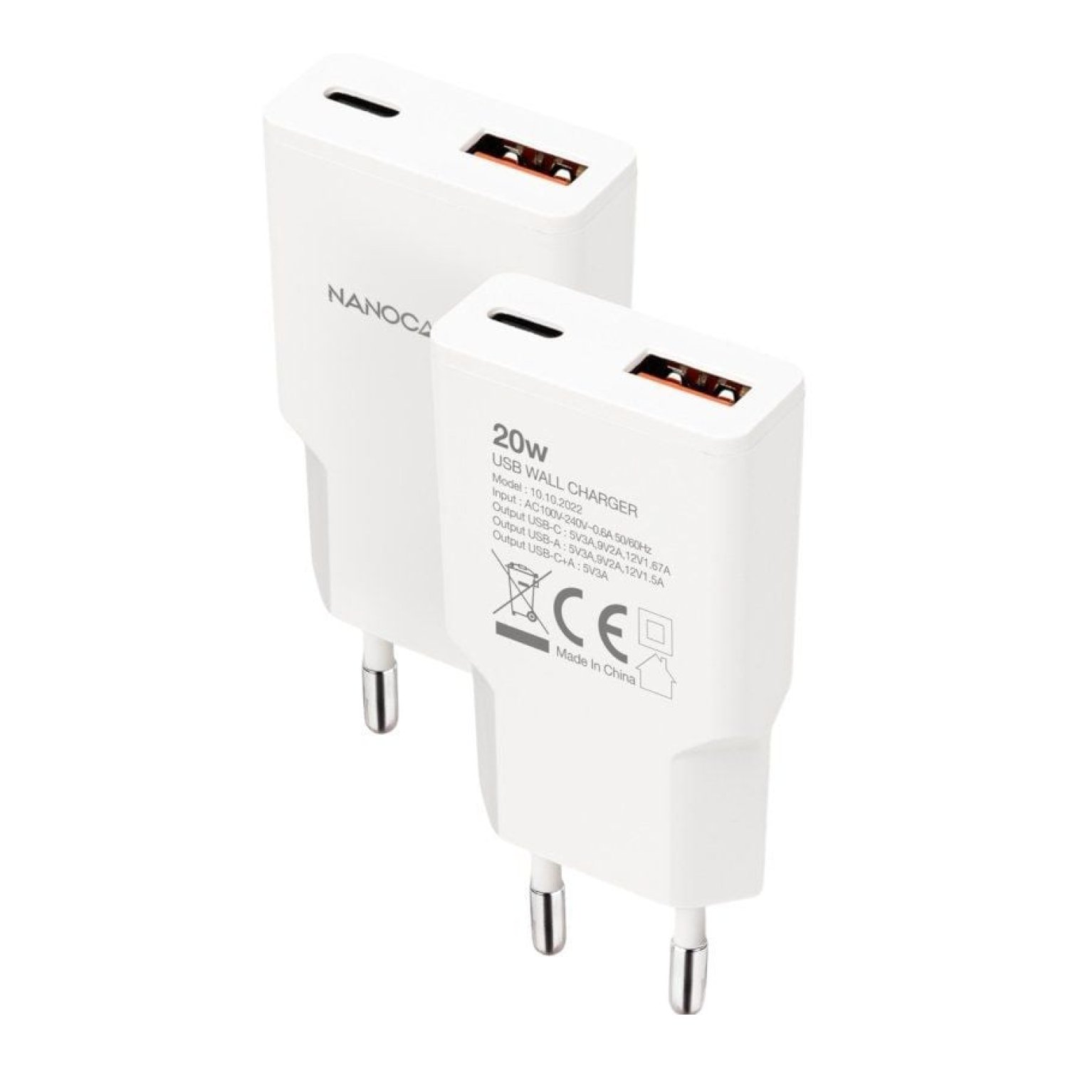 Nanocable Cargador de Pared · 20W · 1 USB-C + 1 USB · Blanco