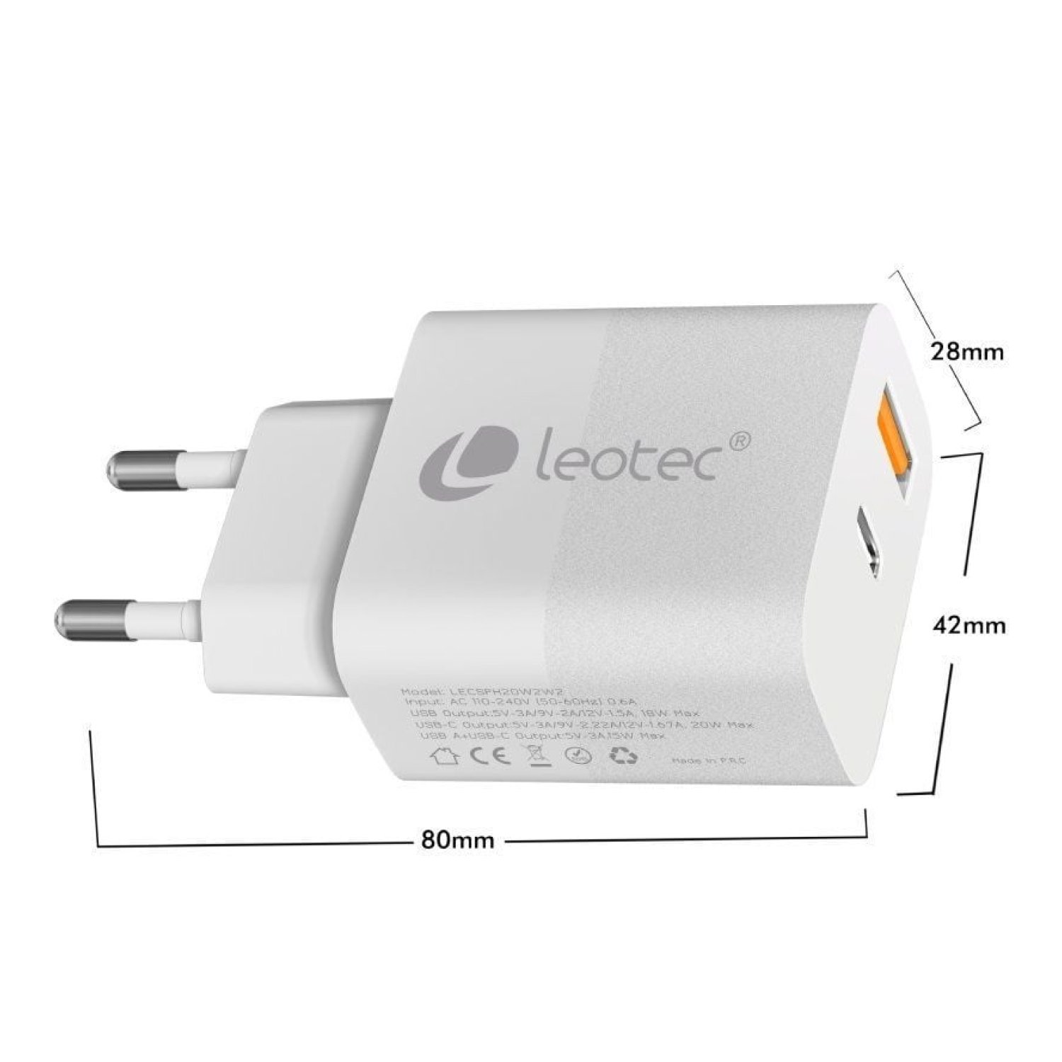 Leotec Cargador de Pared · 20W · 1 USB-C · 1 USB