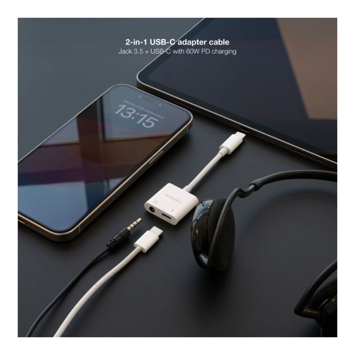 Nanocable · Adaptador Audio USB-C a Jack 3,5 · USB-C Macho/Hembra · Blanco