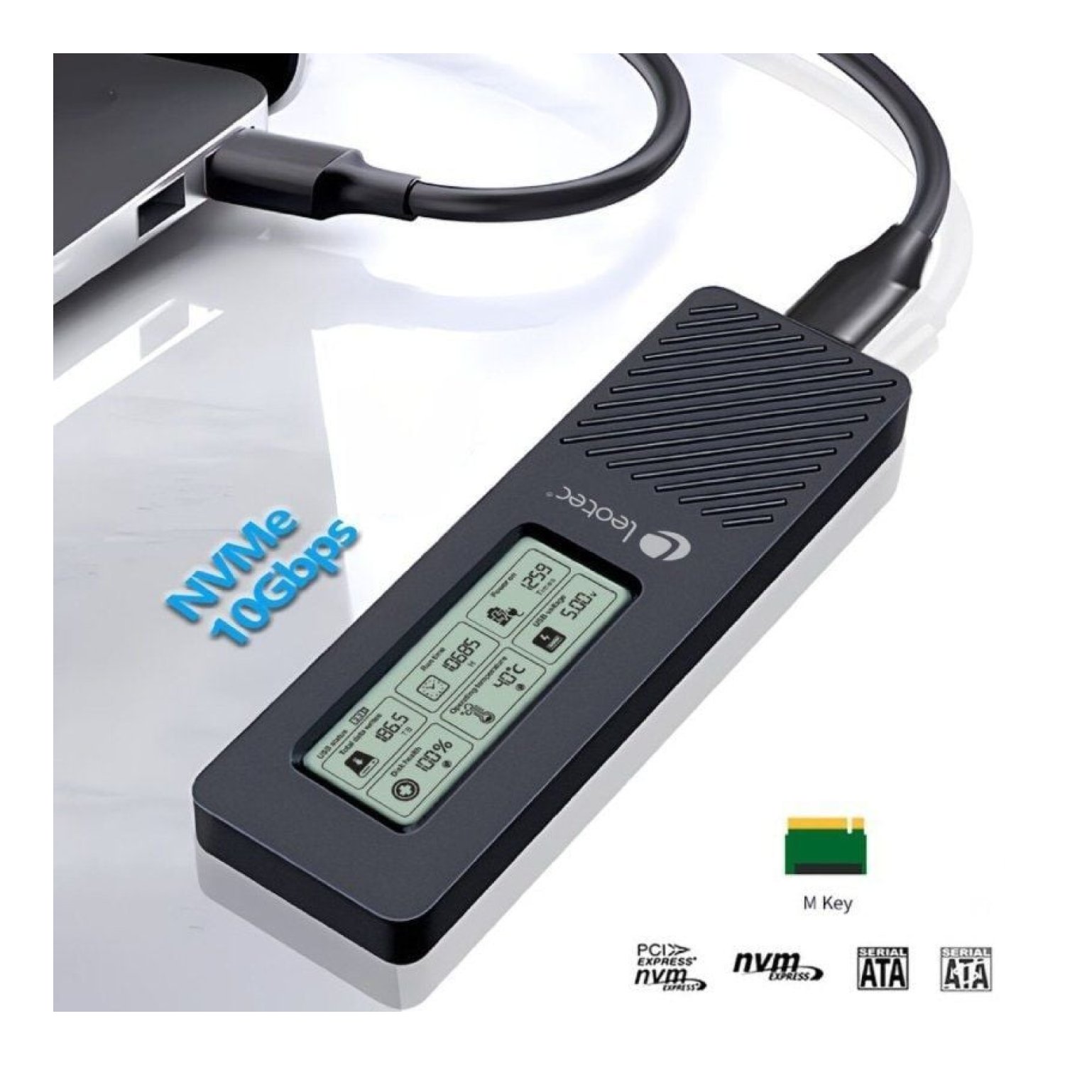 Leotec · Caja Externa SSD M.2 NVMe · USB 3.2 · Pantalla LCD