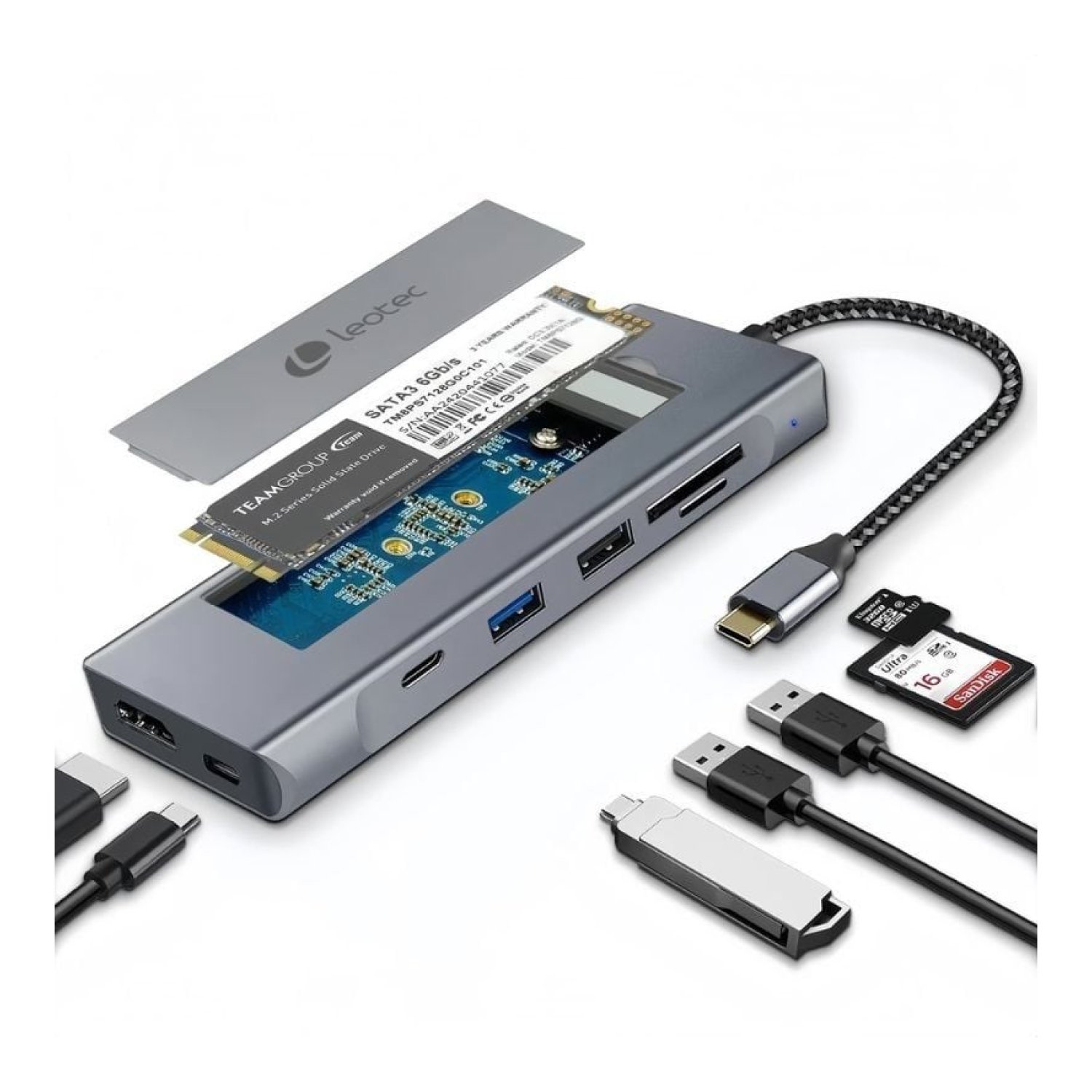 Leotec Docking USB-C · HDMI 4K · SSD M.2 · Lector SD/MicroSD · PD