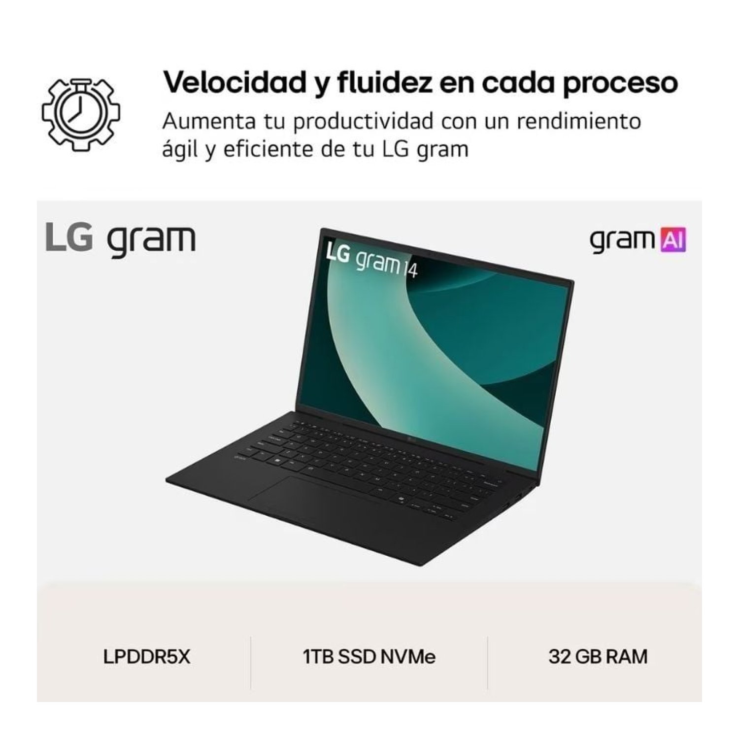 LG Gram 14 · Intel Core Ultra 7-255H · 32GB RAM · 1TB SSD · 14" · Sin SO