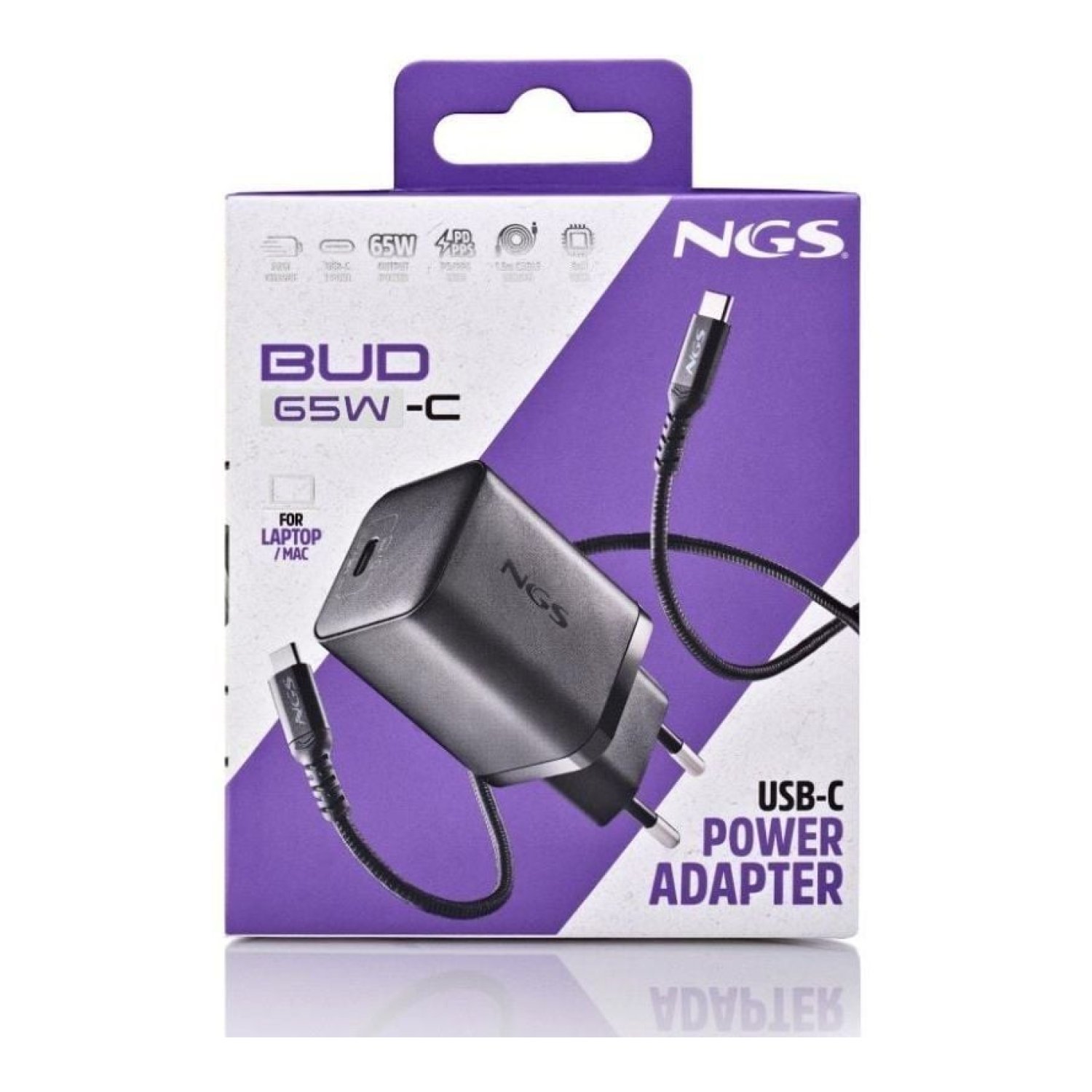 NGS Bud · Cargador GaN 65W · USB-C · Carga Rápida