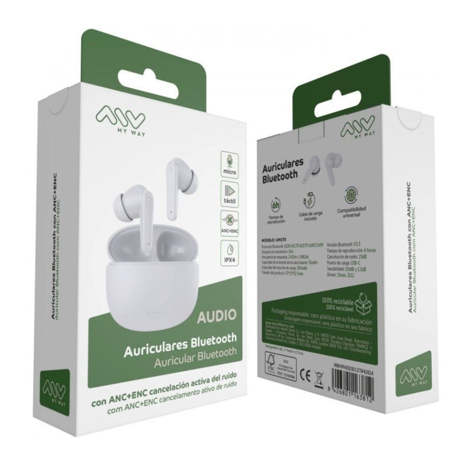 Myway · Auriculares Bluetooth · Estuche Carga · 6h Autonomía · Blancos