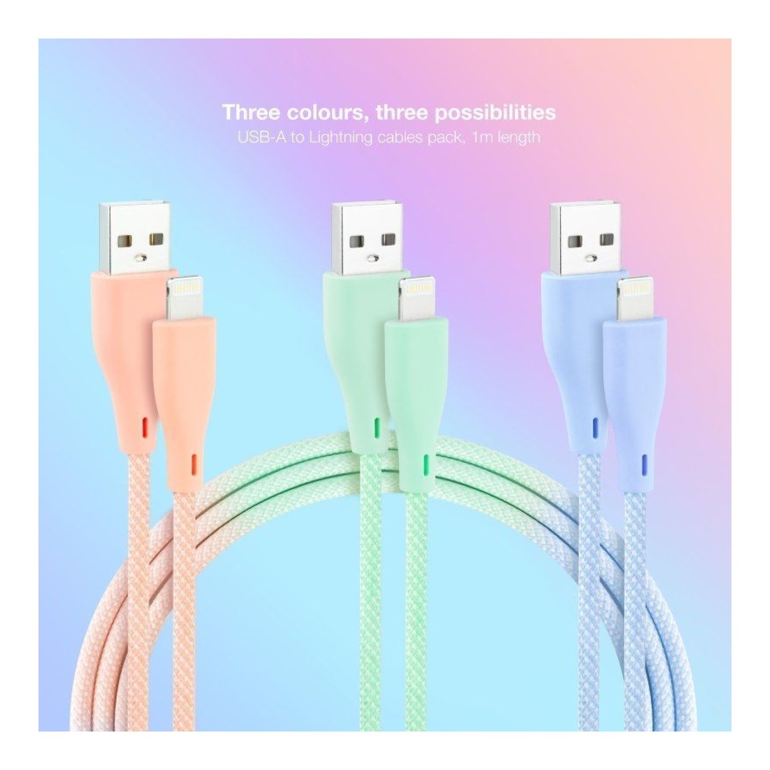 Nanocable · Cable USB 2.0 Lightning · 1m · 3 Unidades · Rosa/Azul/Verde