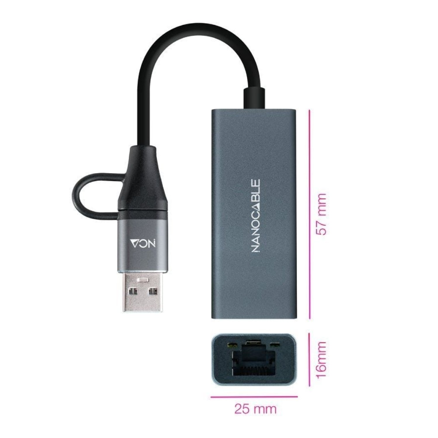 Nanocable · Adaptador USB + Tipo-C a RJ45 · 1000 Mbps · Ethernet