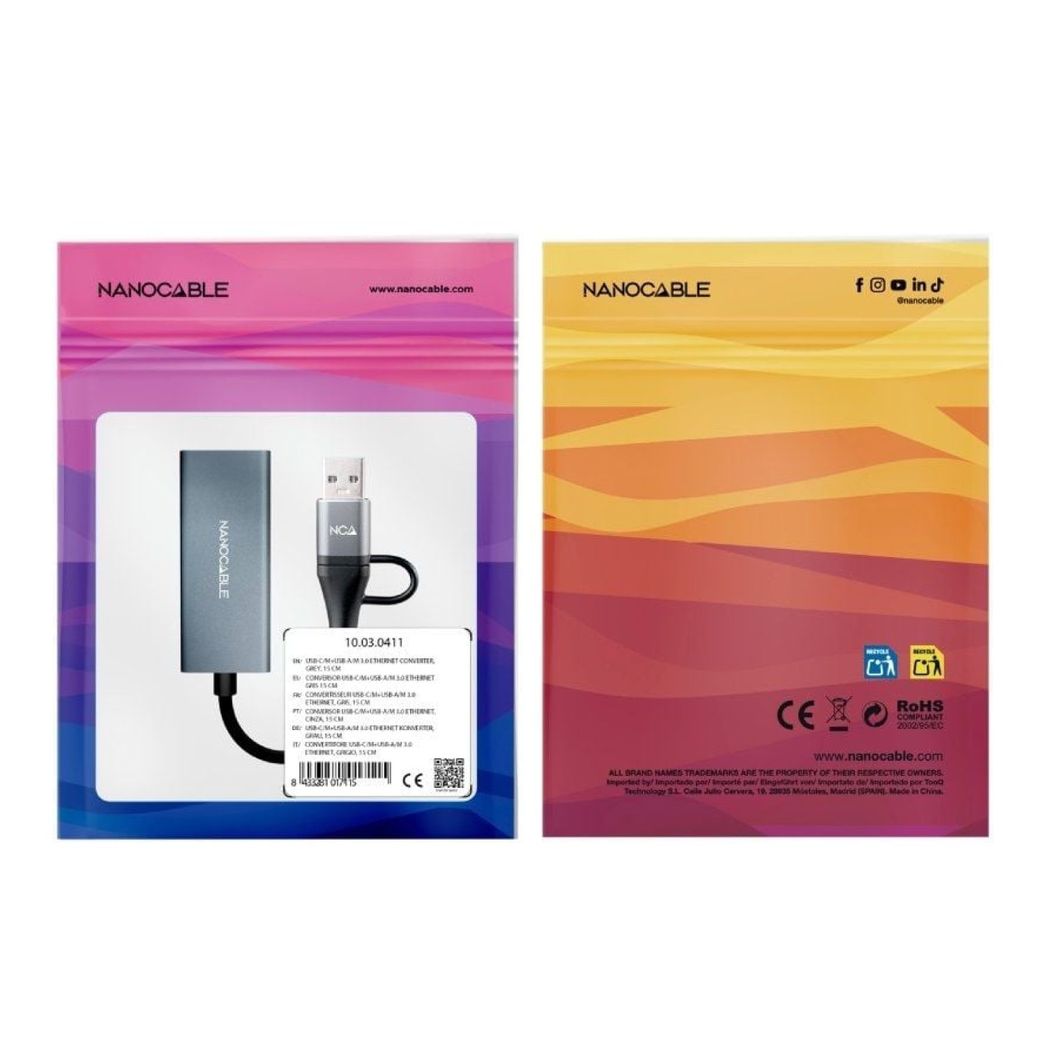 Nanocable · Adaptador USB + Tipo-C a RJ45 · 1000 Mbps · Ethernet