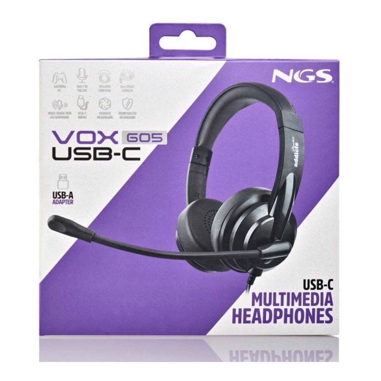 NGS Vox605 · Auriculares USB-C · Micrófono Integrado · Negros