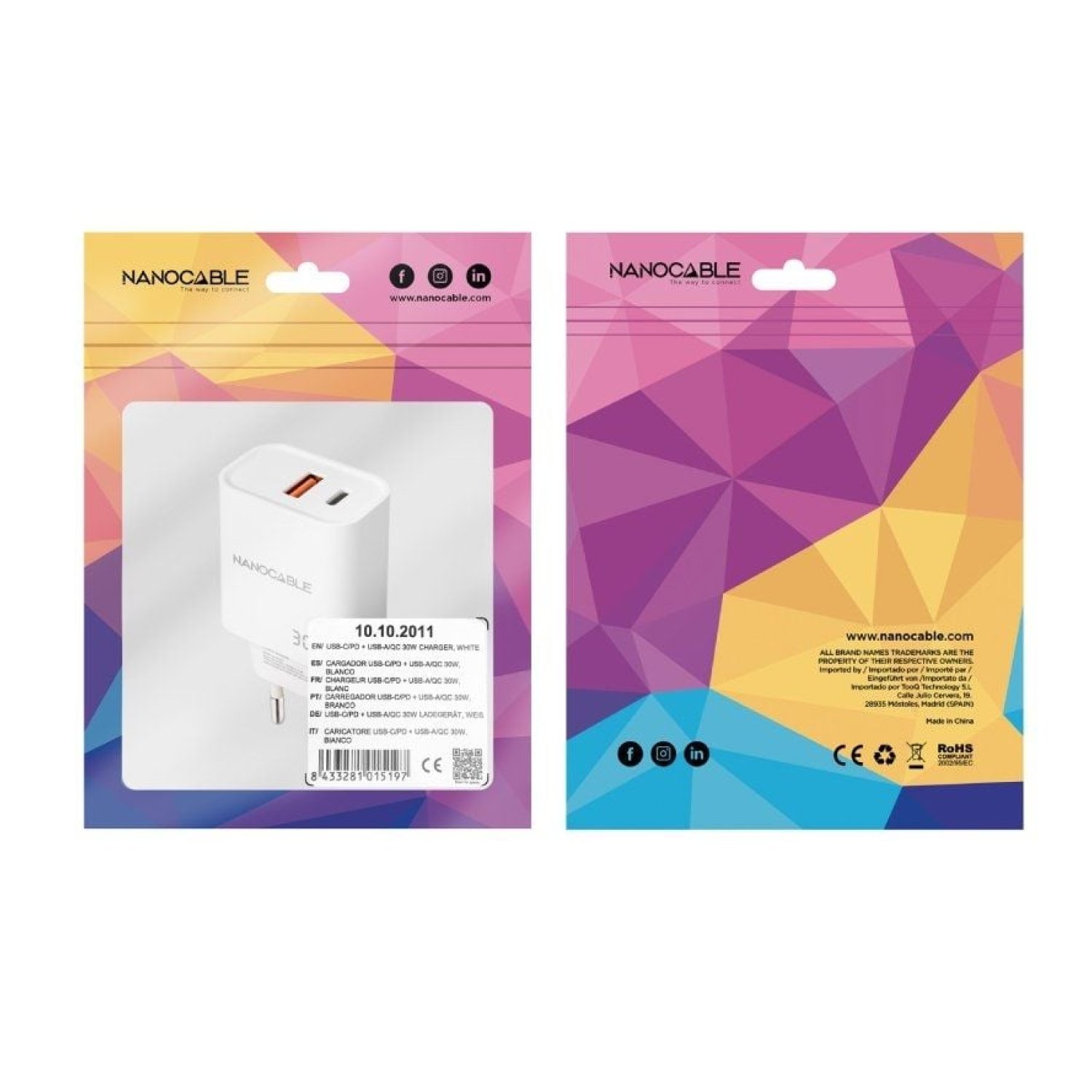 Nanocable Cargador USB + USB-C · 30W · Blanco