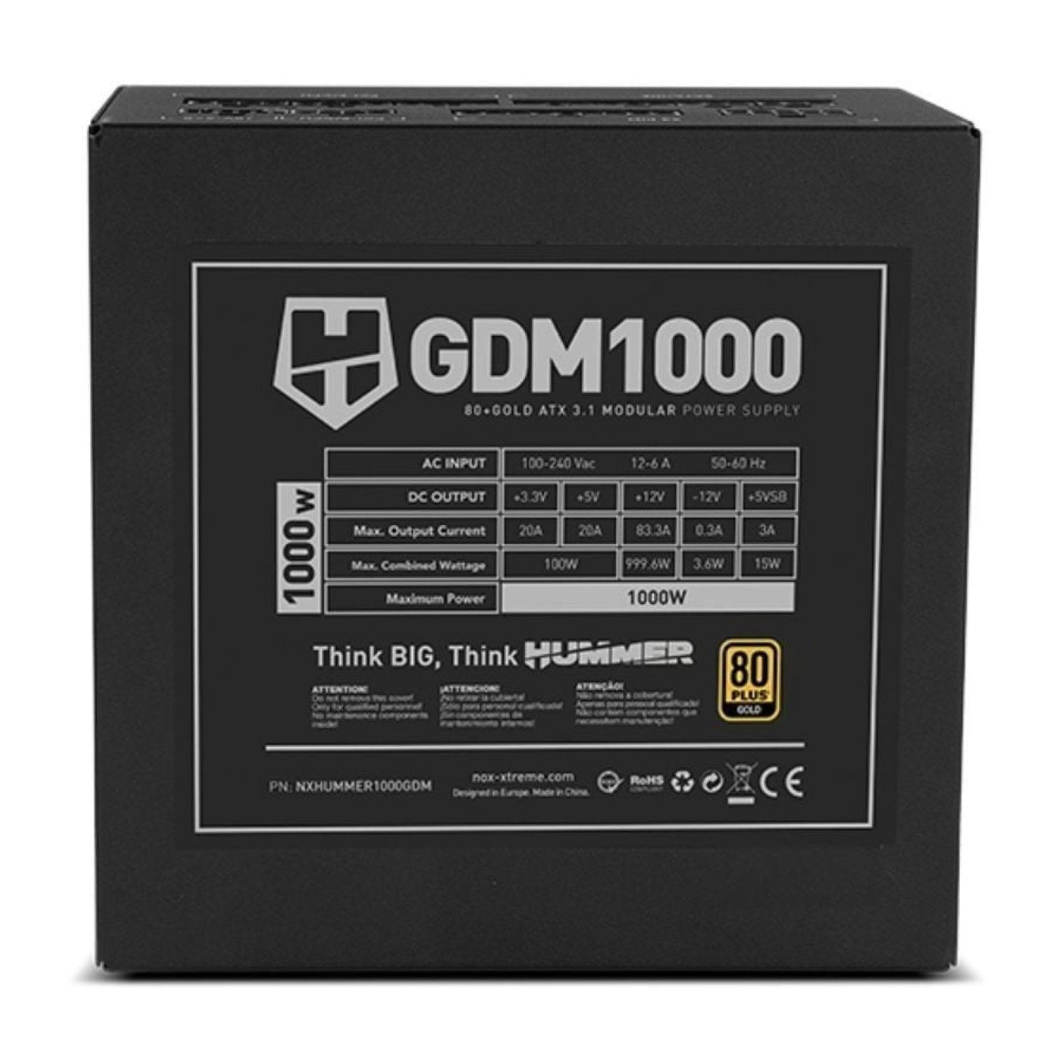 Nox Hummer GDM · 1000W · ATX 3.1 · PCIe 5.0 · 80 Plus Gold · Ventilador 12cm