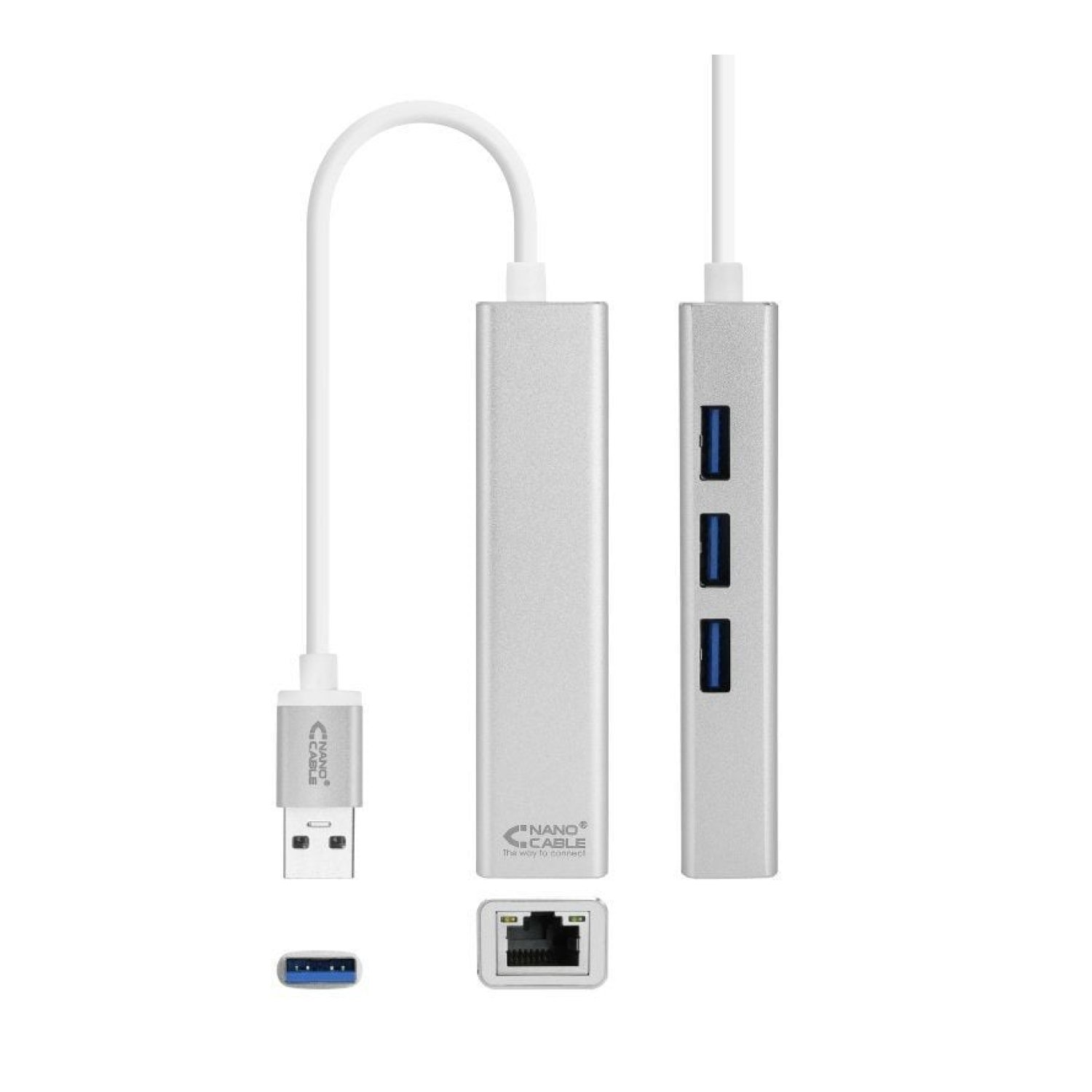 Nanocable Hub USB 3.0 · 3 Puertos USB · 1 RJ45 · Gris