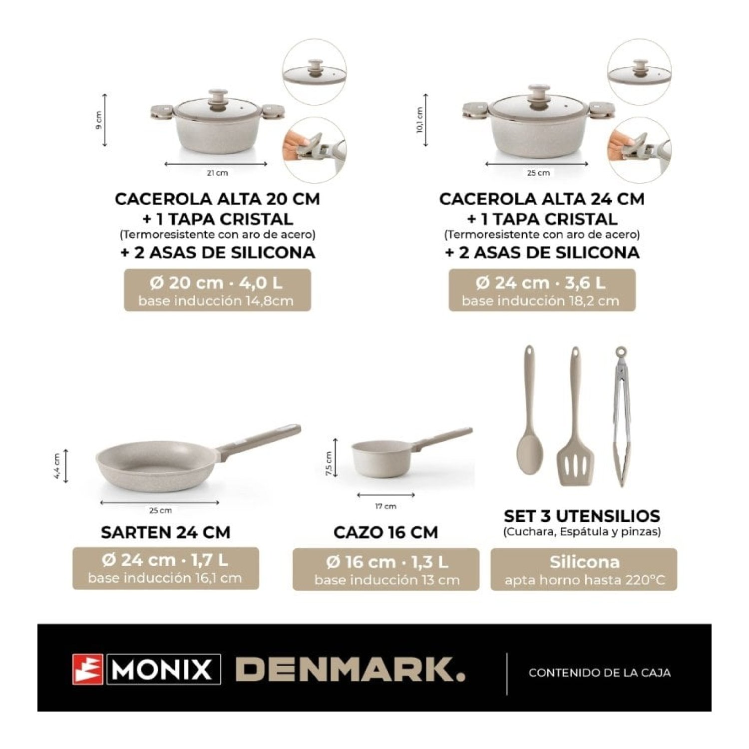 Monix Denmark · Pack Batería de Cocina · Cazo 16cm + Sartén 24cm + Cacerolas · Aluminio Fundido · Inducción