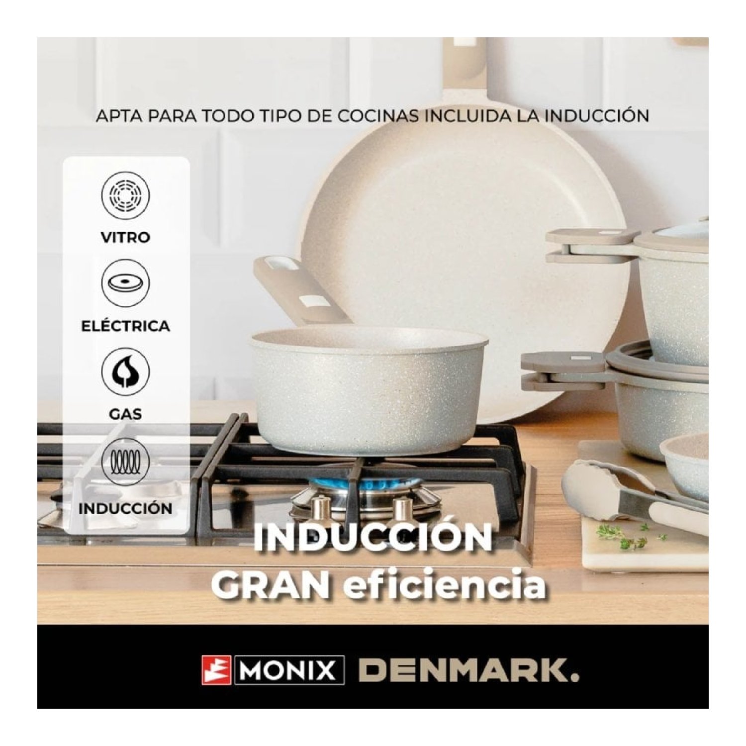 Monix Denmark · Pack Batería de Cocina · Cazo 16cm + Sartén 24cm + Cacerolas · Aluminio Fundido · Inducción
