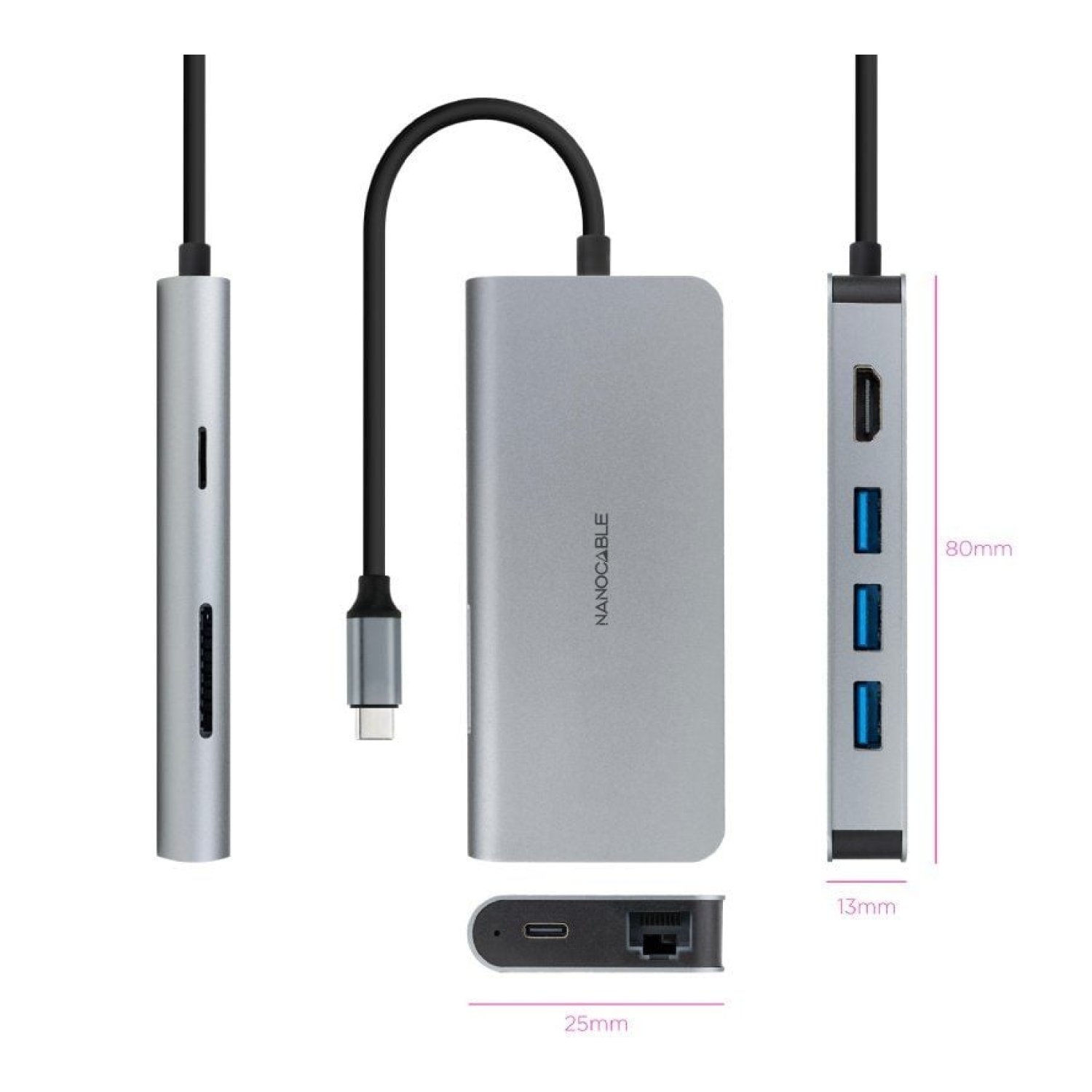 Nanocable Docking USB-C · 3x USB 3.0 · HDMI 4K · Ethernet RJ45 · Lector Tarjetas · PD 100W · Gris