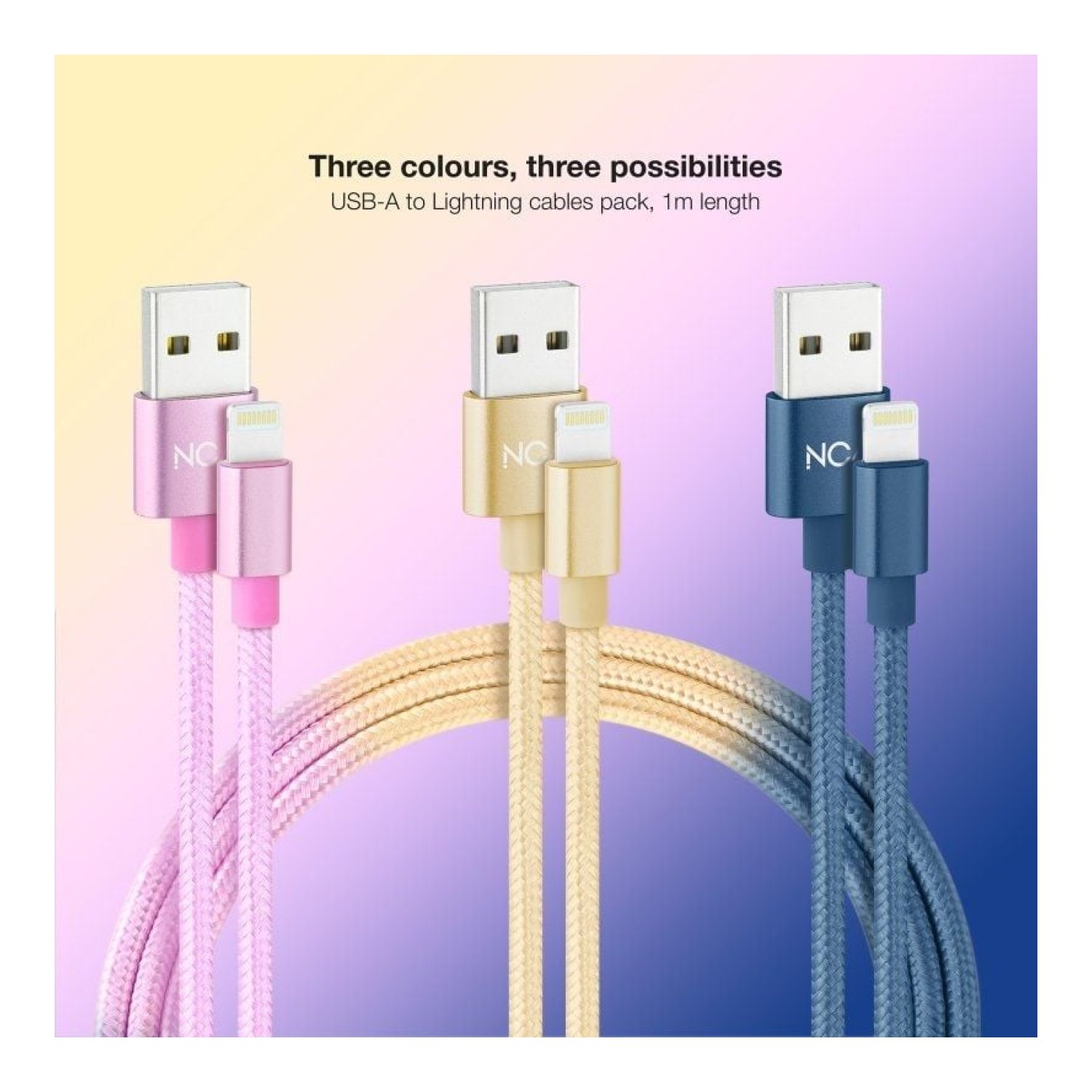 Nanocable · Cable USB 2.0 Lightning · 1m · Pack 3 unidades · Rosa, Dorado, Azul