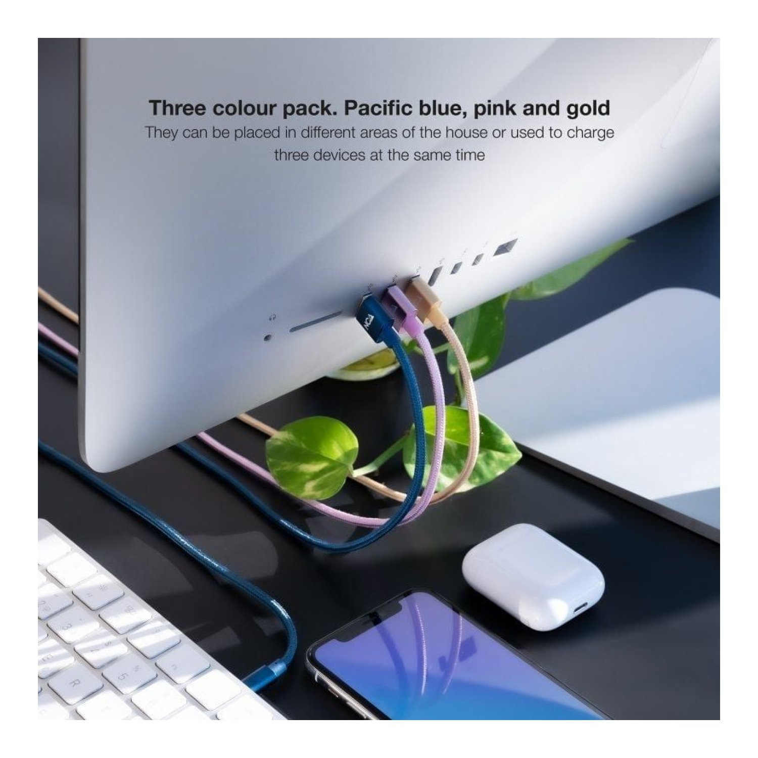 Nanocable · Cable USB 2.0 Lightning · 1m · Pack 3 unidades · Rosa, Dorado, Azul