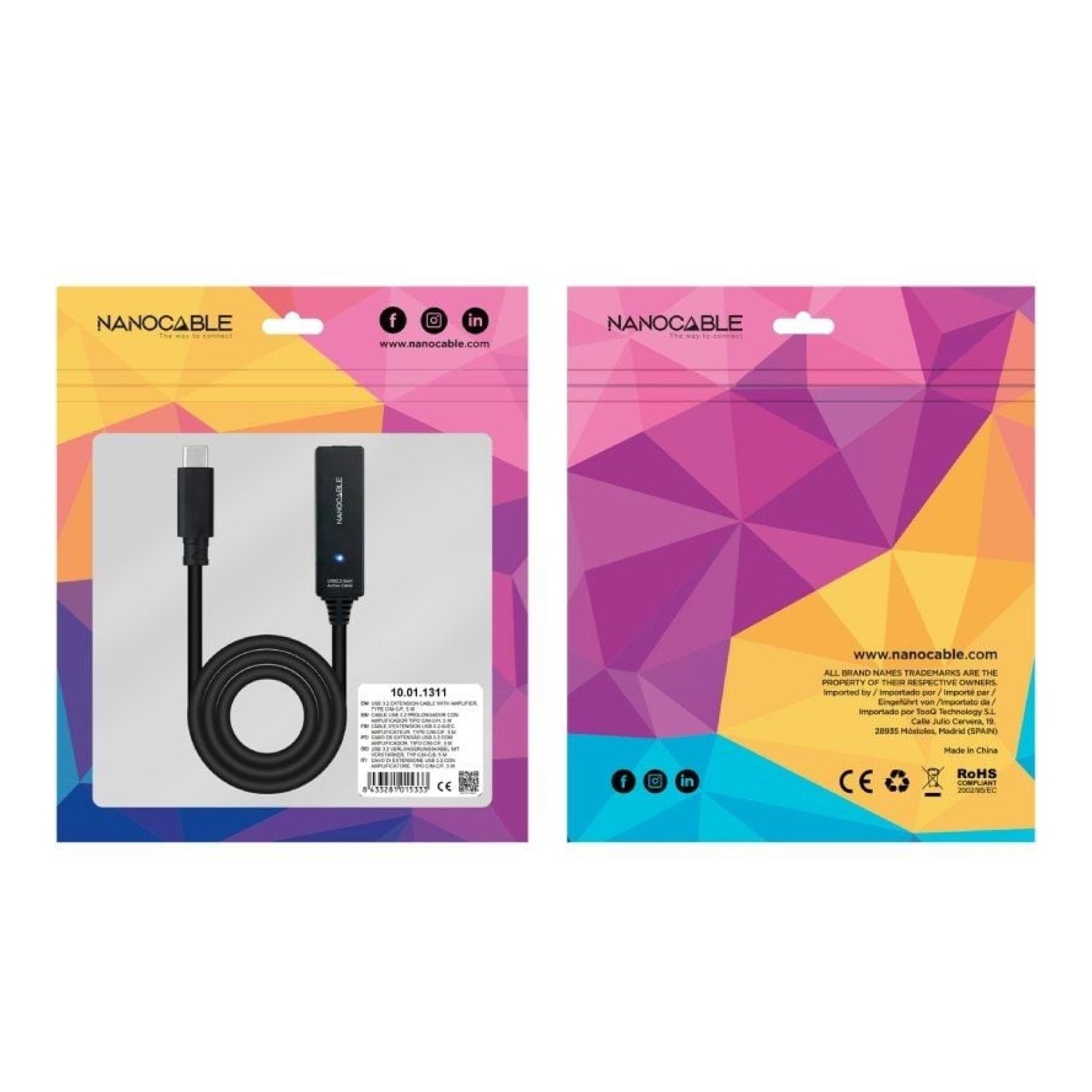 Nanocable · Cable Alargador USB Tipo-C 3.2 · 5m · Macho-Hembra · Negro